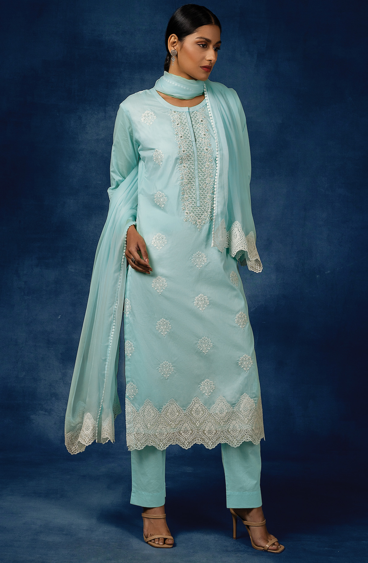 Aqua Beautiful Cotton Embroidered Salwar Kameez with Chiffon Dupatta - VAA1790C