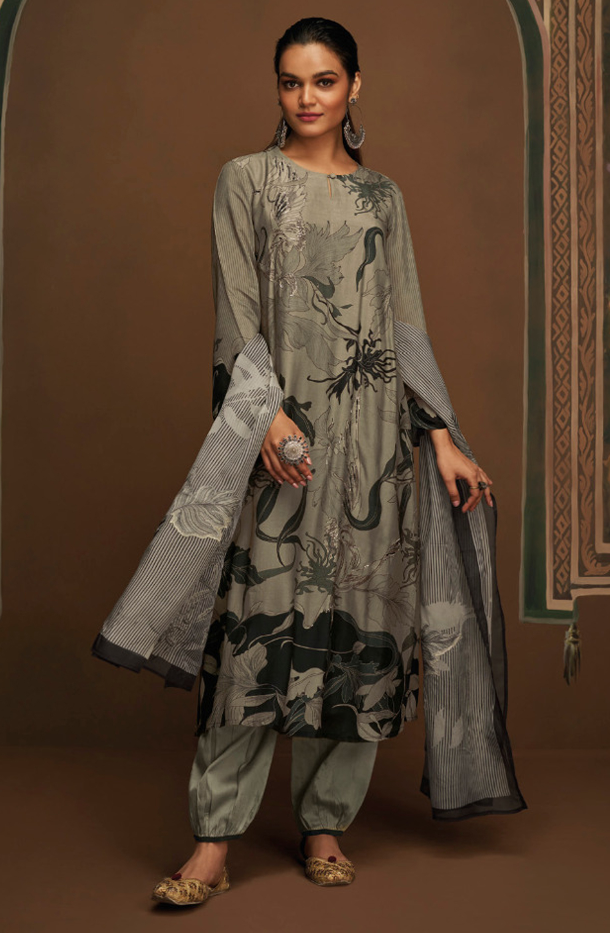 Grey and Black Unstitched Pashmina Salwar Kameez - VAA2561A