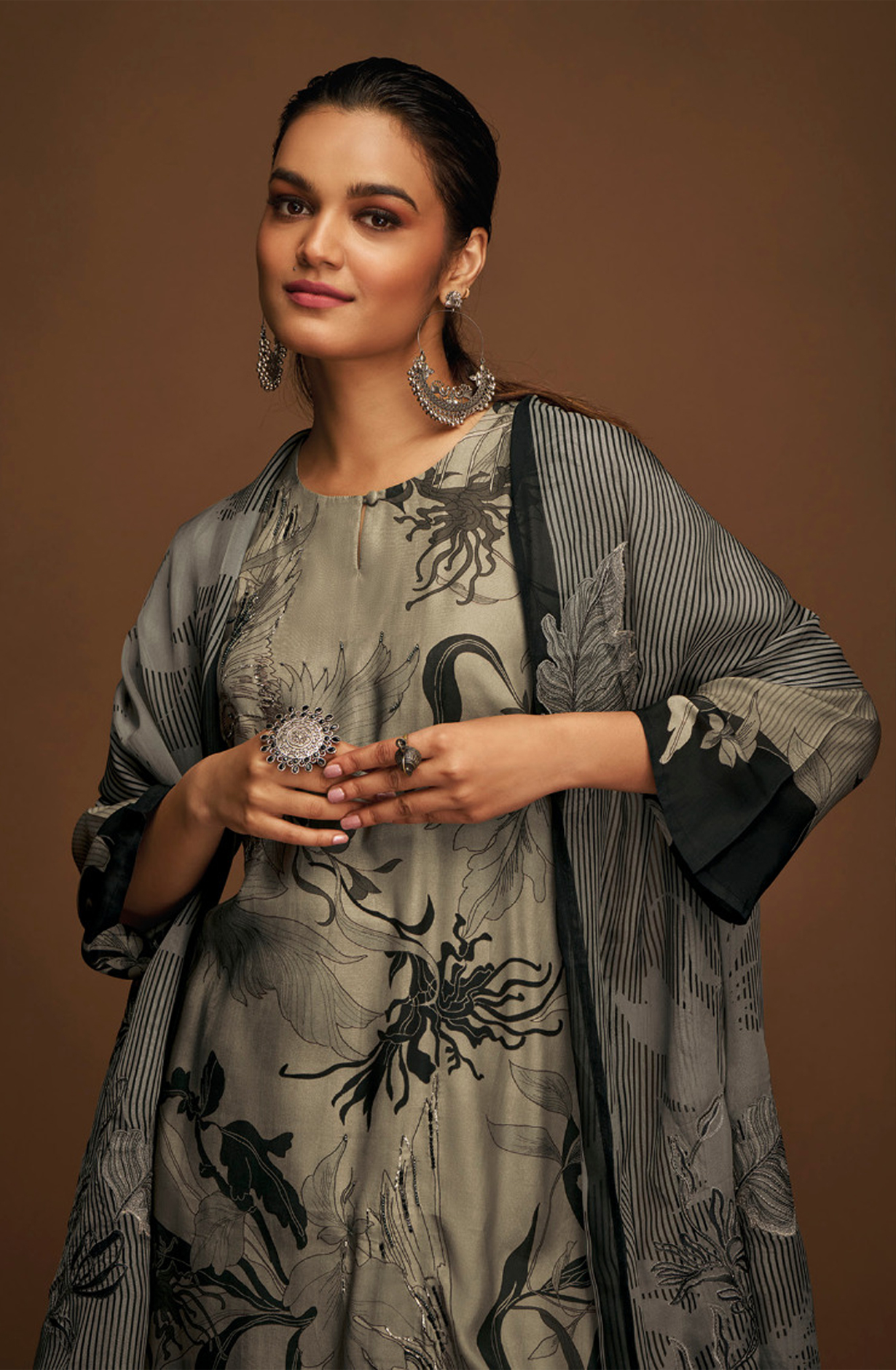 Grey and Black Unstitched Pashmina Salwar Kameez - VAA2561A