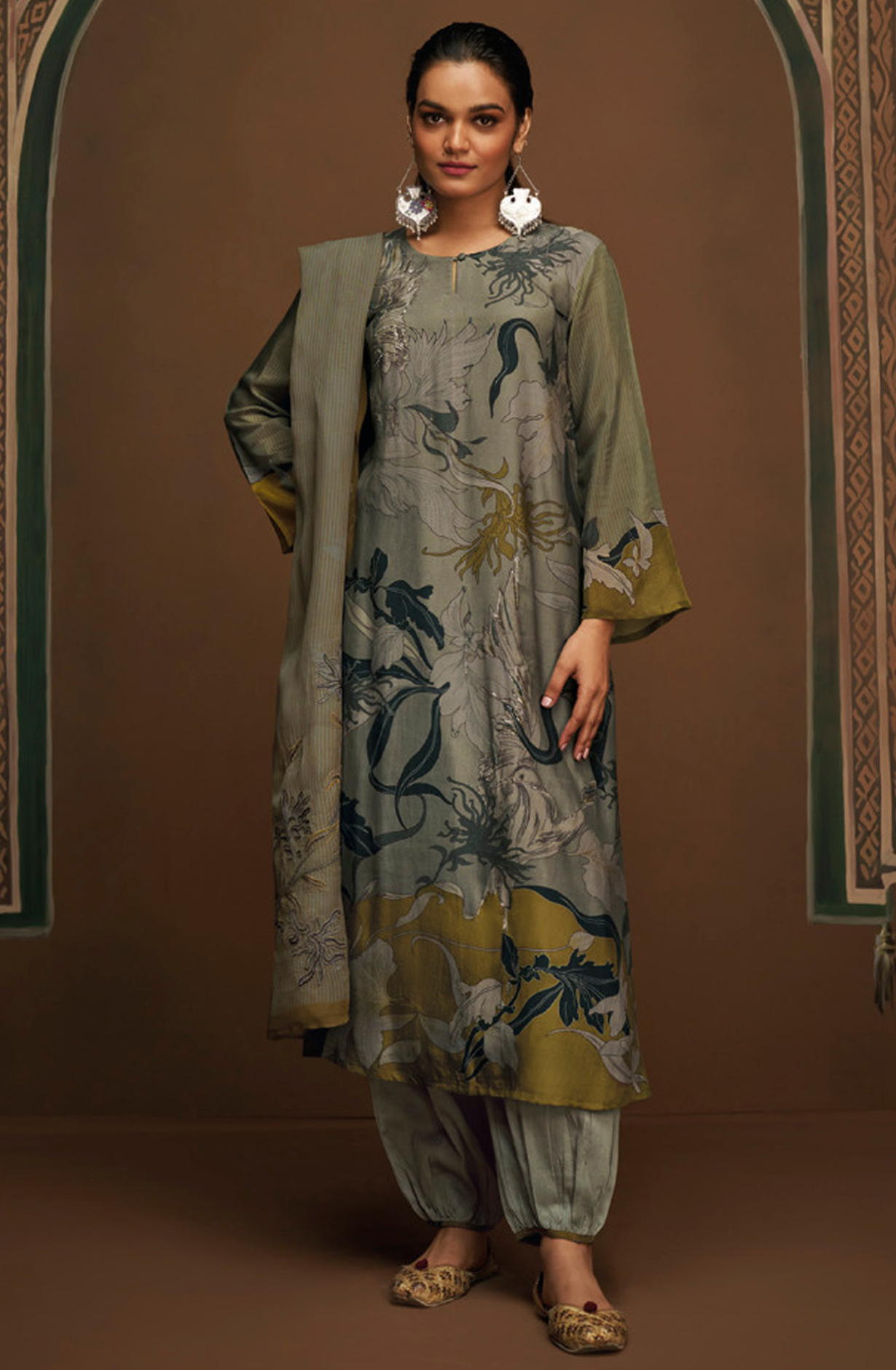 Grey and Black Unstitched Pashmina Salwar Kameez - VAA2561A