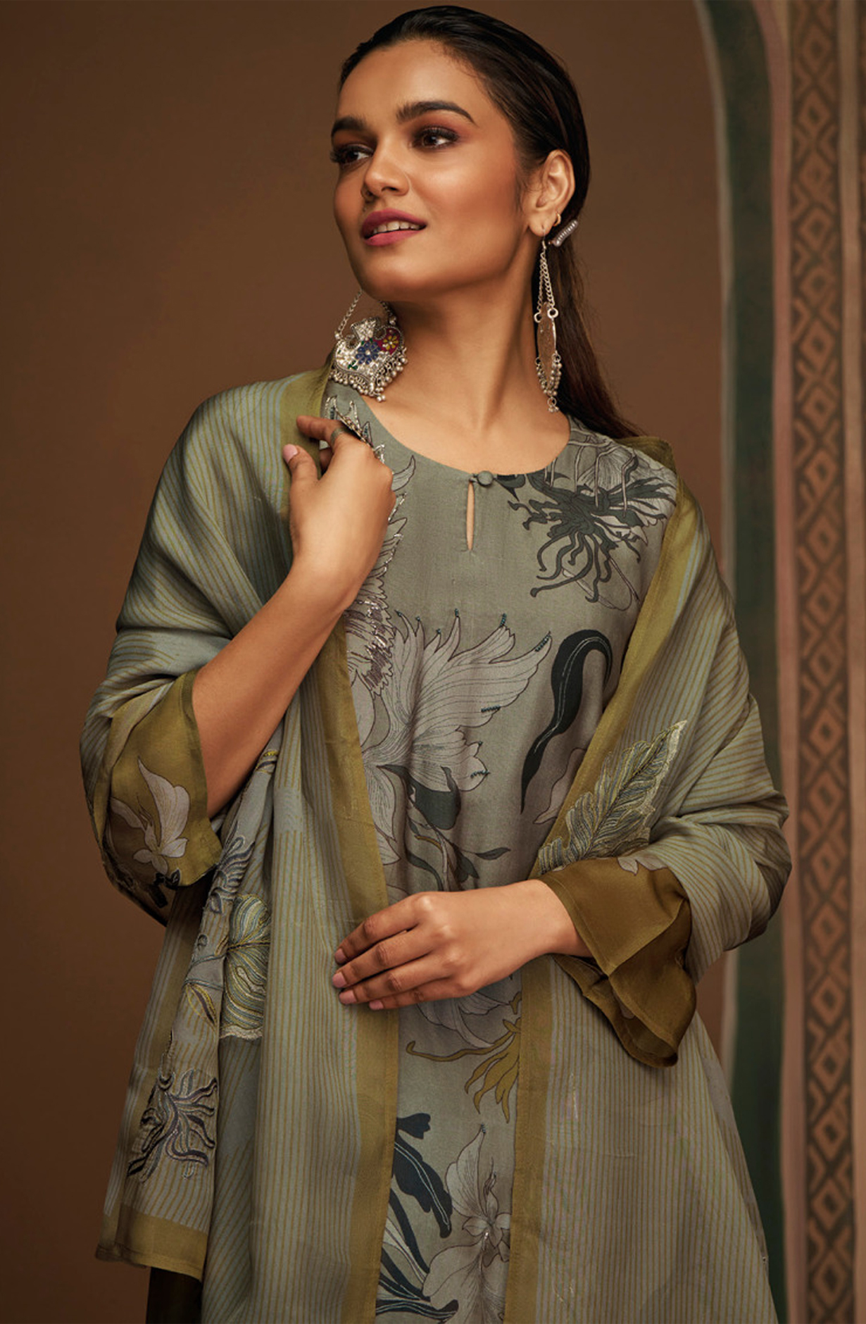 Grey and Black Unstitched Pashmina Salwar Kameez - VAA2561A