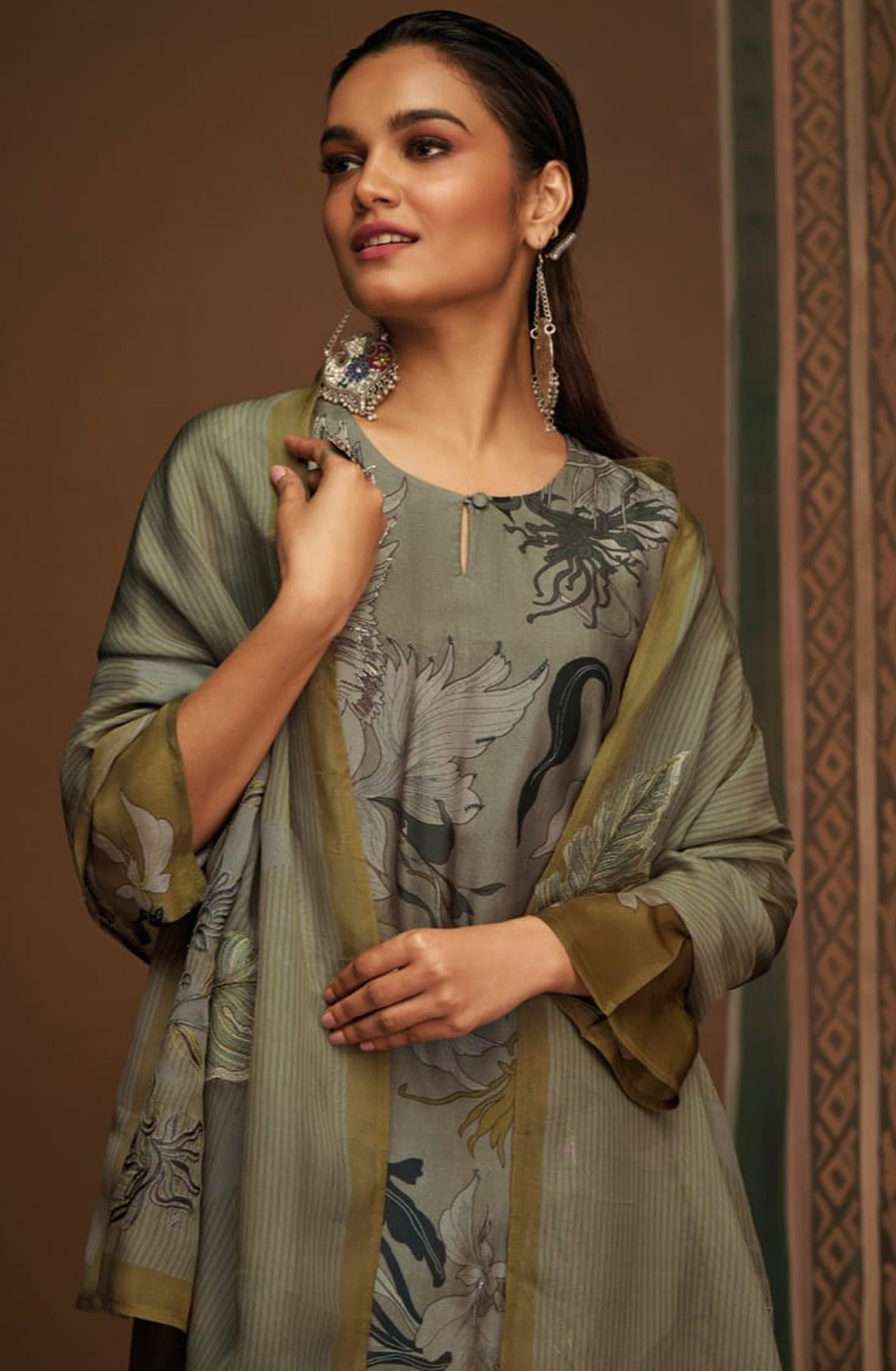 Olive Green Unstitched Pashmina Salwar Suit - VAA2561B