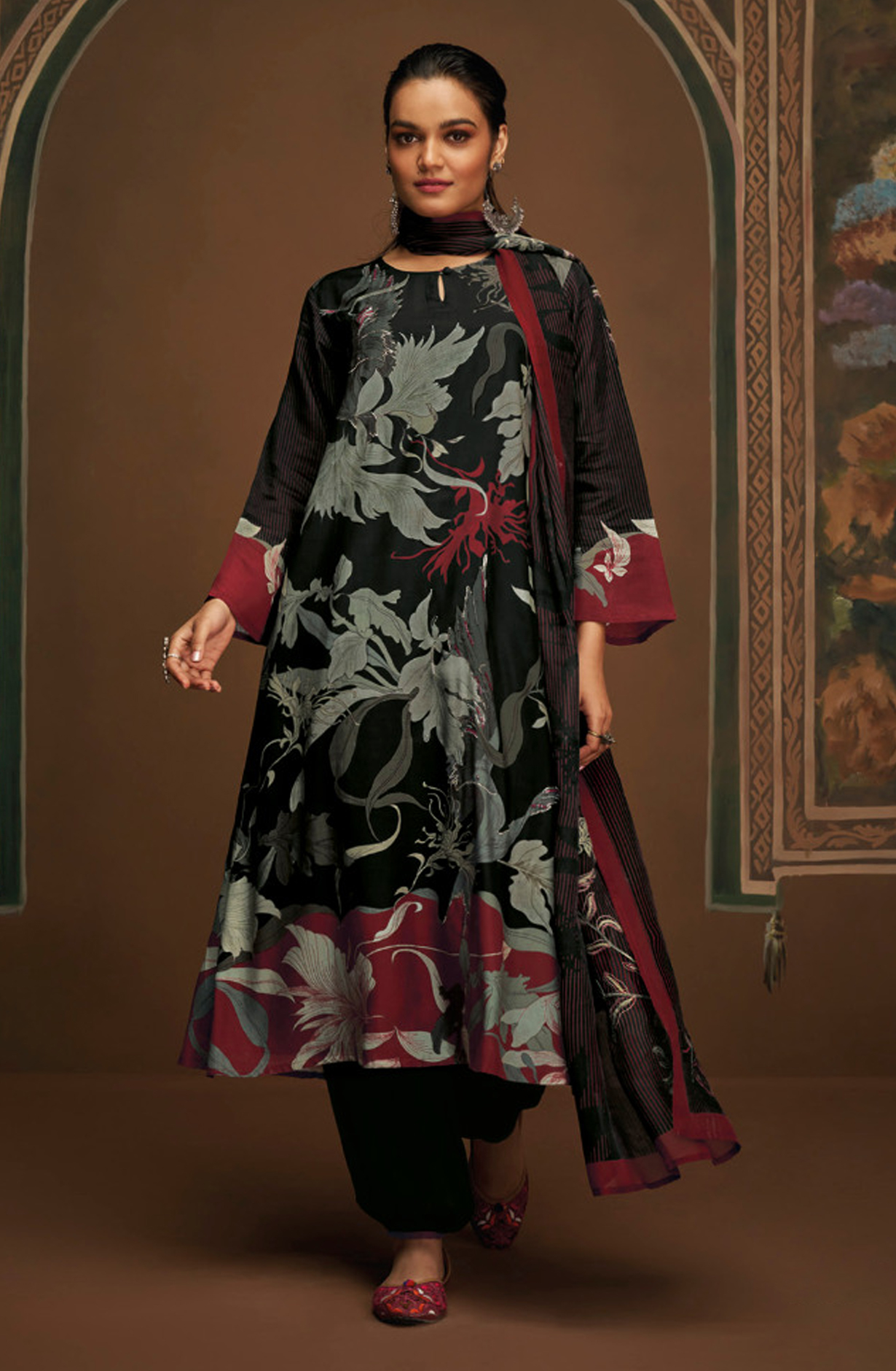 Black Unstitched Pashmina Salwar Suit - VAA2561C