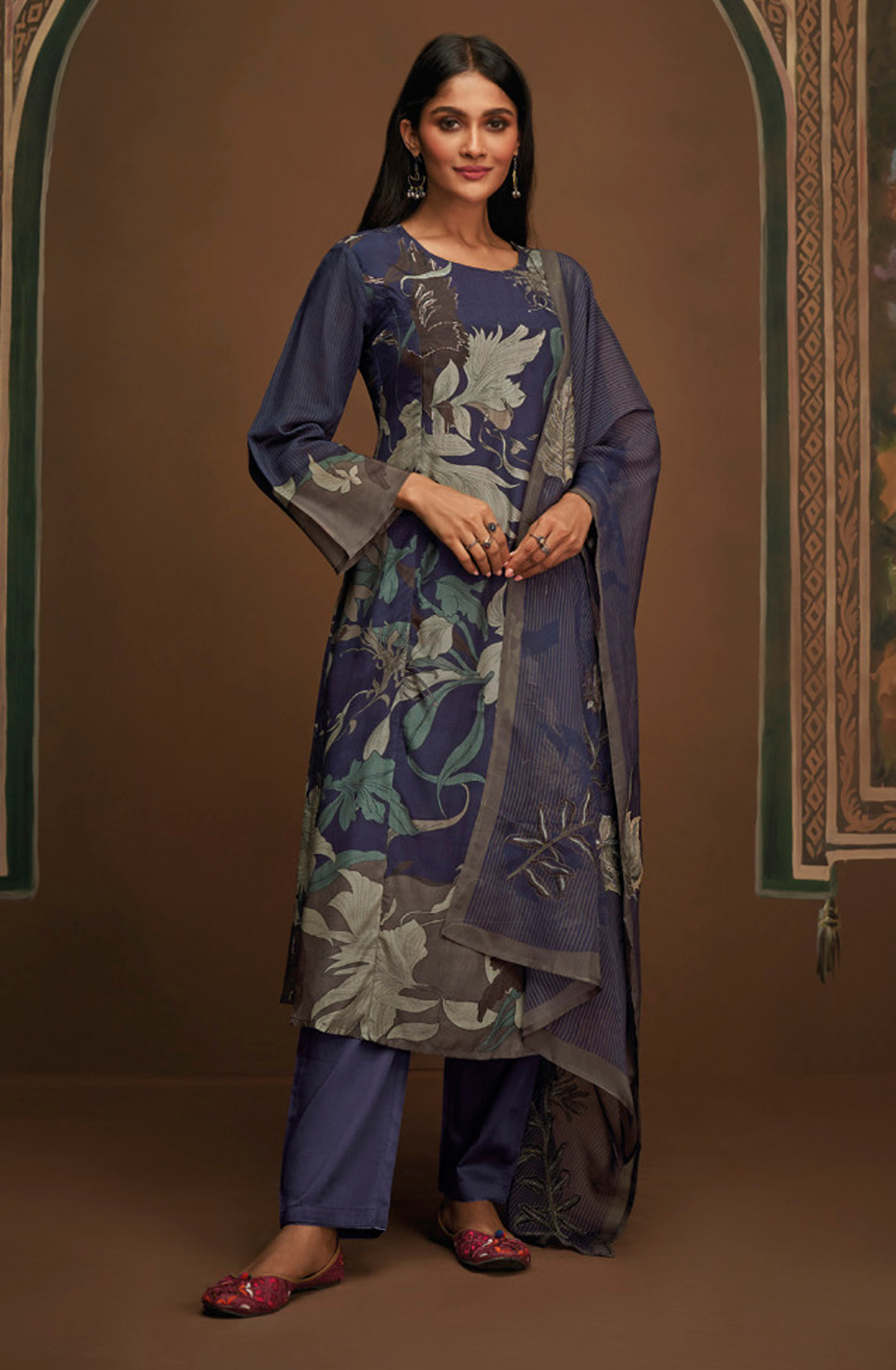 Indigo Blue Unstitched Pashmina Salwar Suit - VAA2571A
