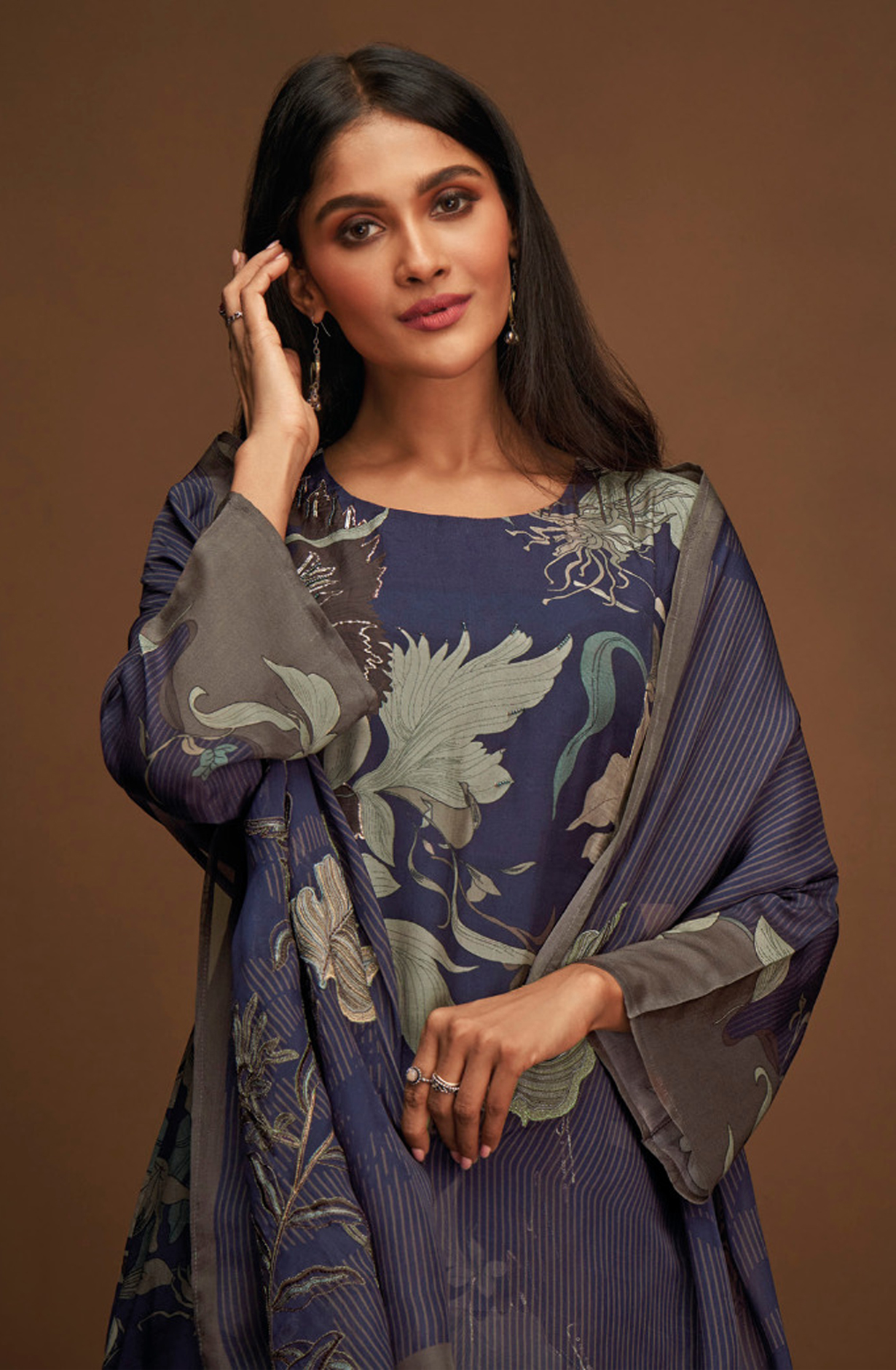 Indigo Blue Unstitched Pashmina Salwar Suit - VAA2571A