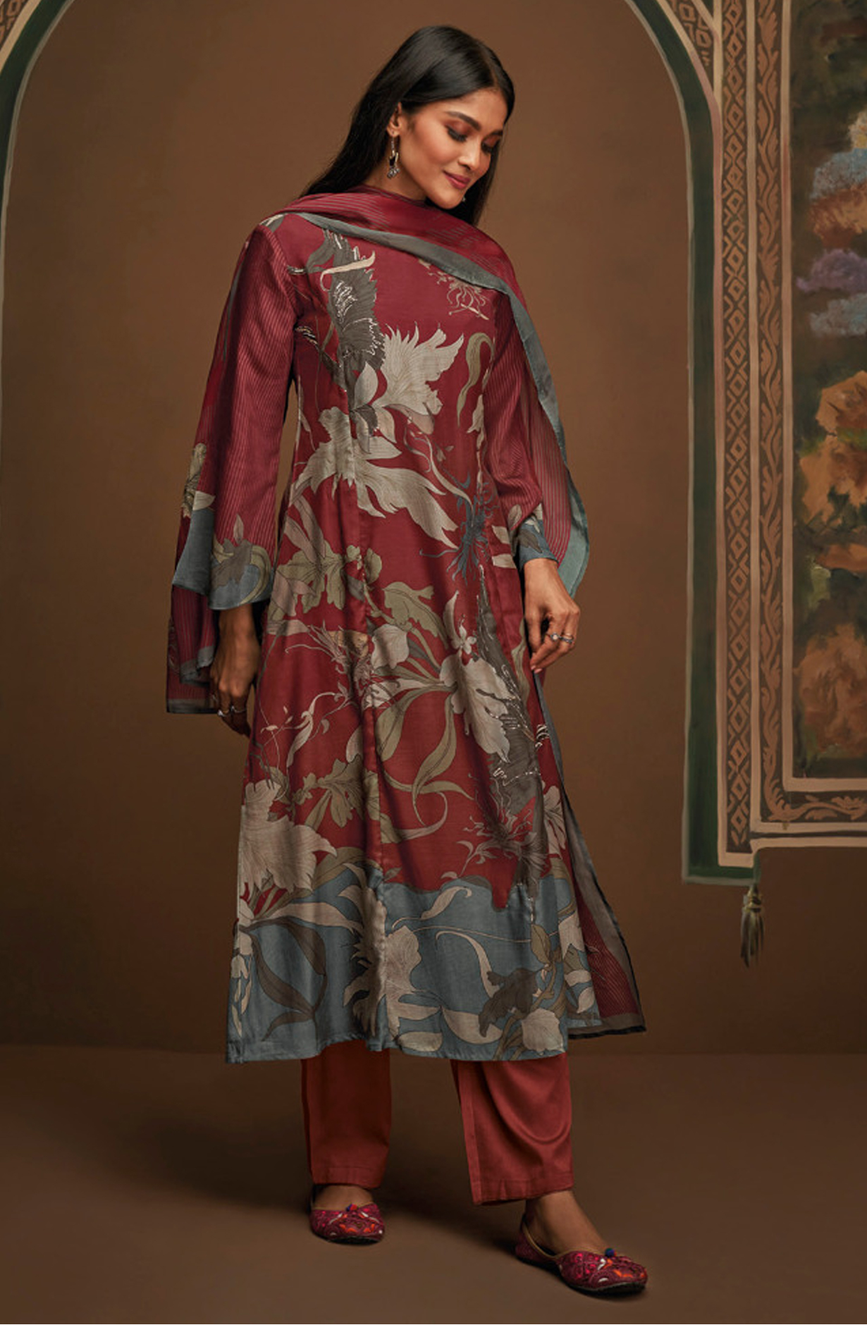 Maroon Unstitched Pashmina Salwar Suit - VAA2571B