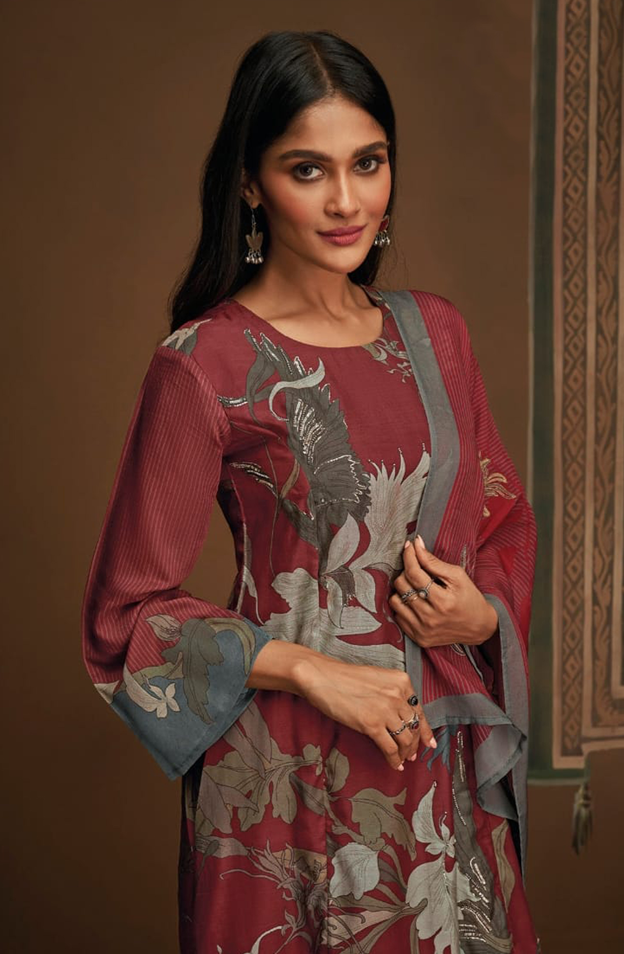 Maroon Unstitched Pashmina Salwar Suit - VAA2571B