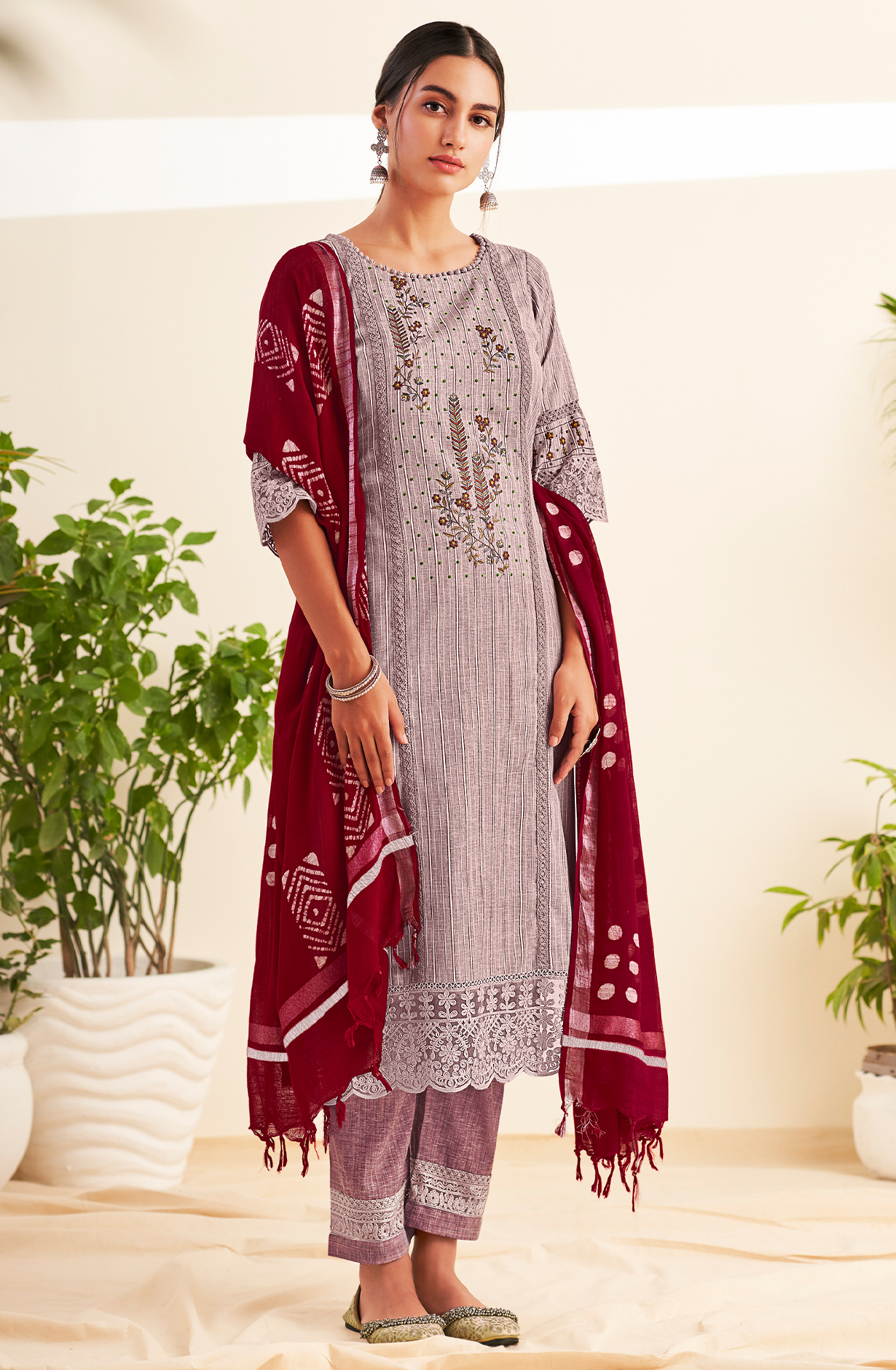 Mauve Cotton Beautiful Embroidered Salwar Kameez with Lace Work - VAA8581