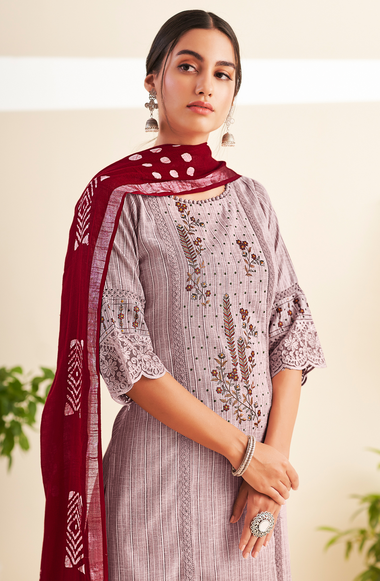 Mauve Cotton Beautiful Embroidered Salwar Kameez with Lace Work - VAA8581