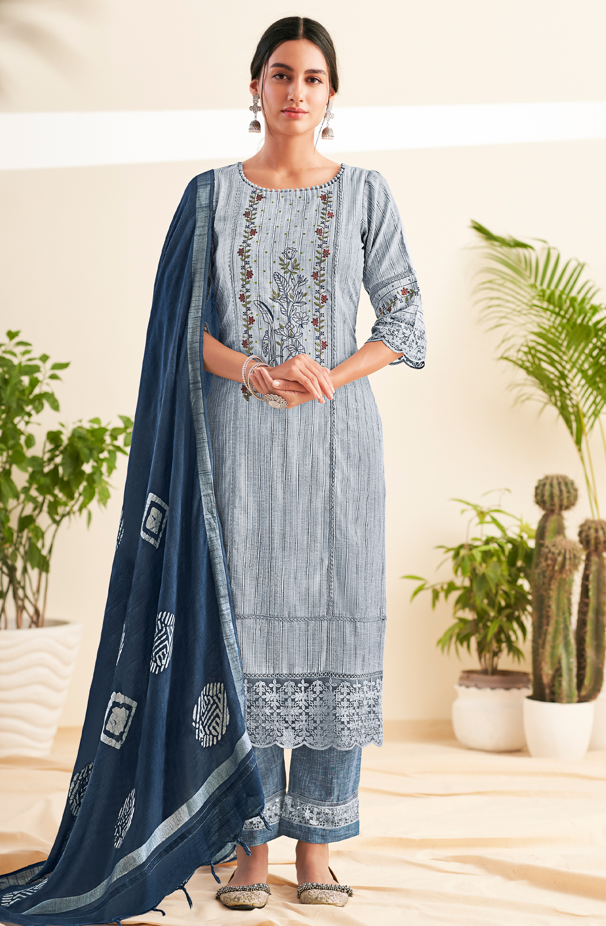 Grey Cotton Beautiful Embroidered Salwar Kameez with Lace Work - VAA8582