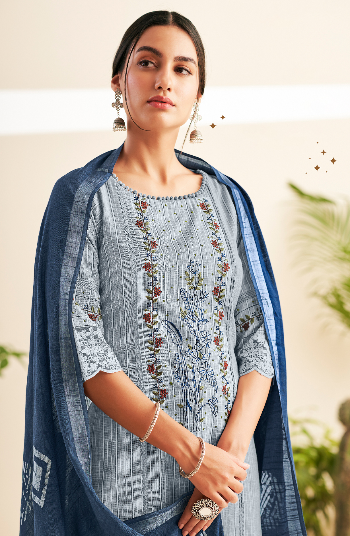 Grey Cotton Beautiful Embroidered Salwar Kameez with Lace Work - VAA8582