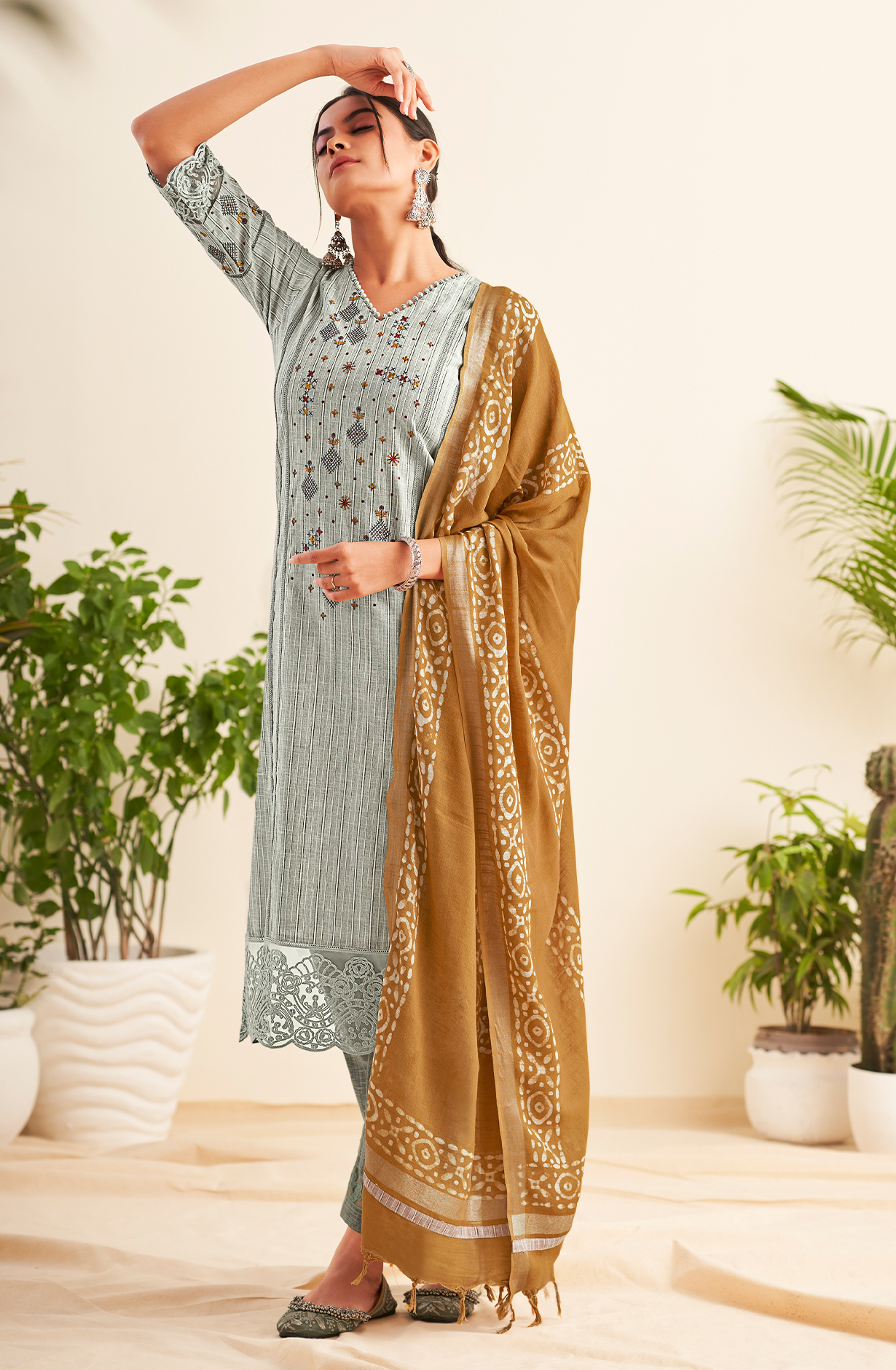 Pastel Green Cotton Beautiful Embroidered Salwar Kameez with Lace Work - VAA8583