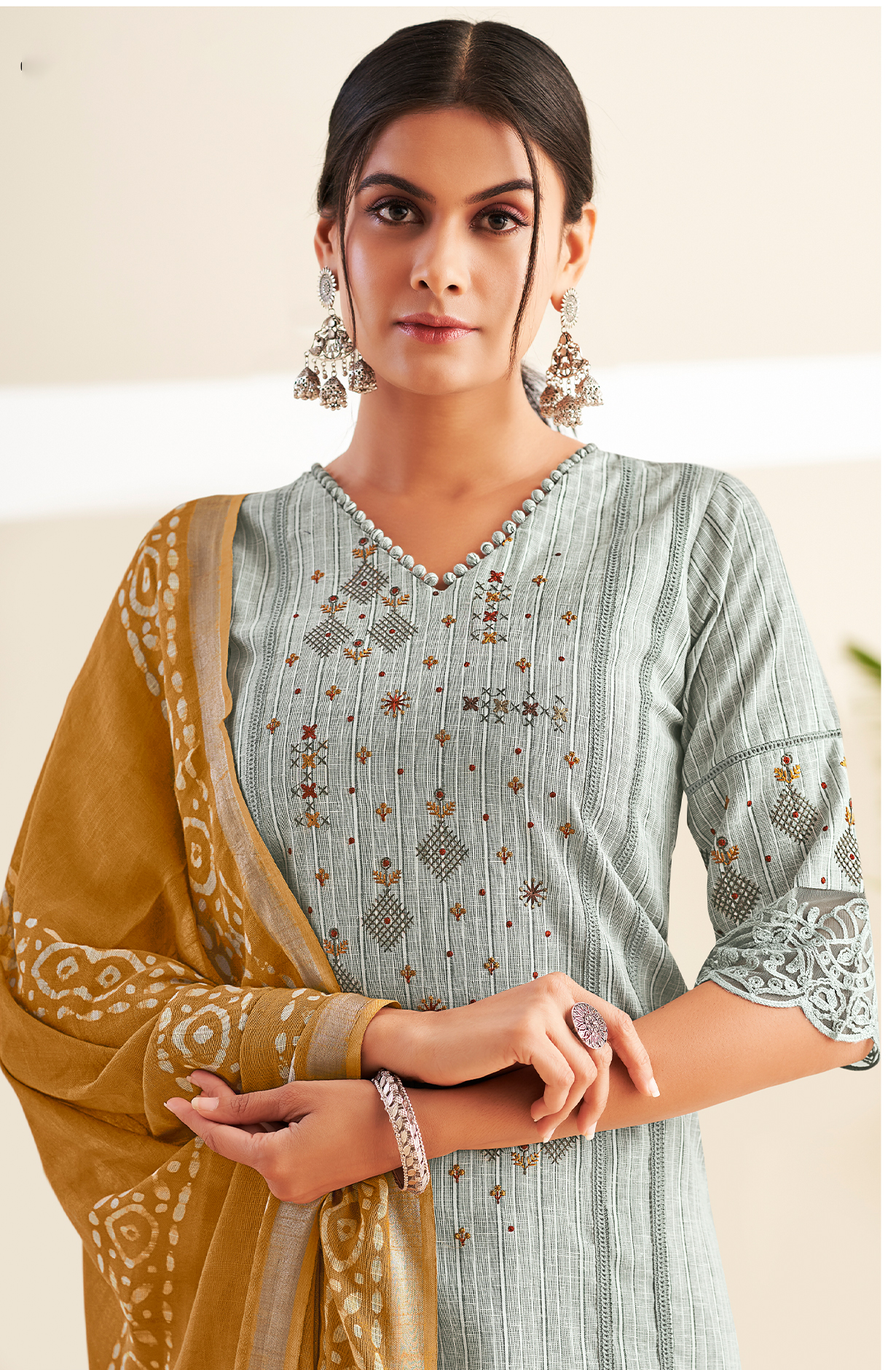 Pastel Green Cotton Beautiful Embroidered Salwar Kameez with Lace Work - VAA8583