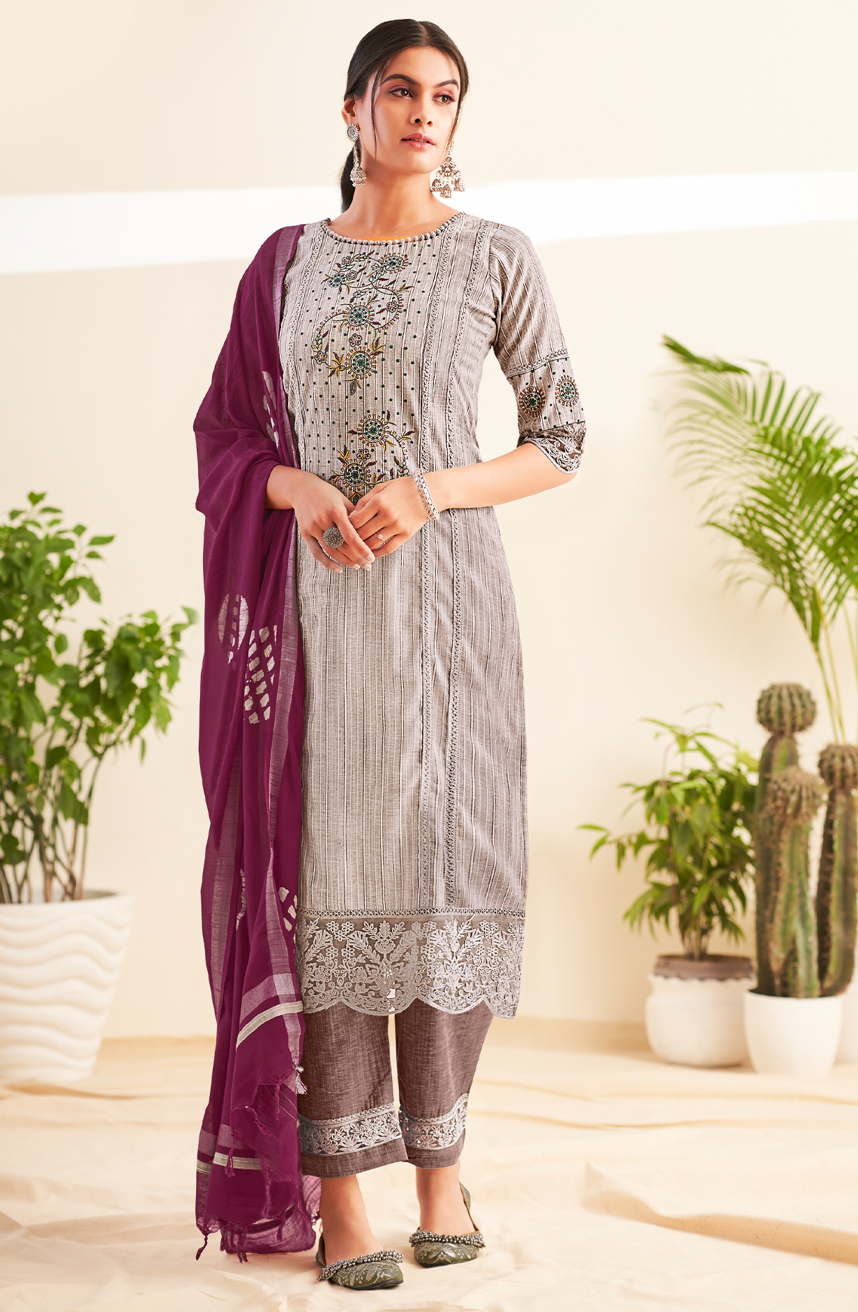 Beige Cotton Beautiful Embroidered Salwar Kameez with Lace Work - VAA8584