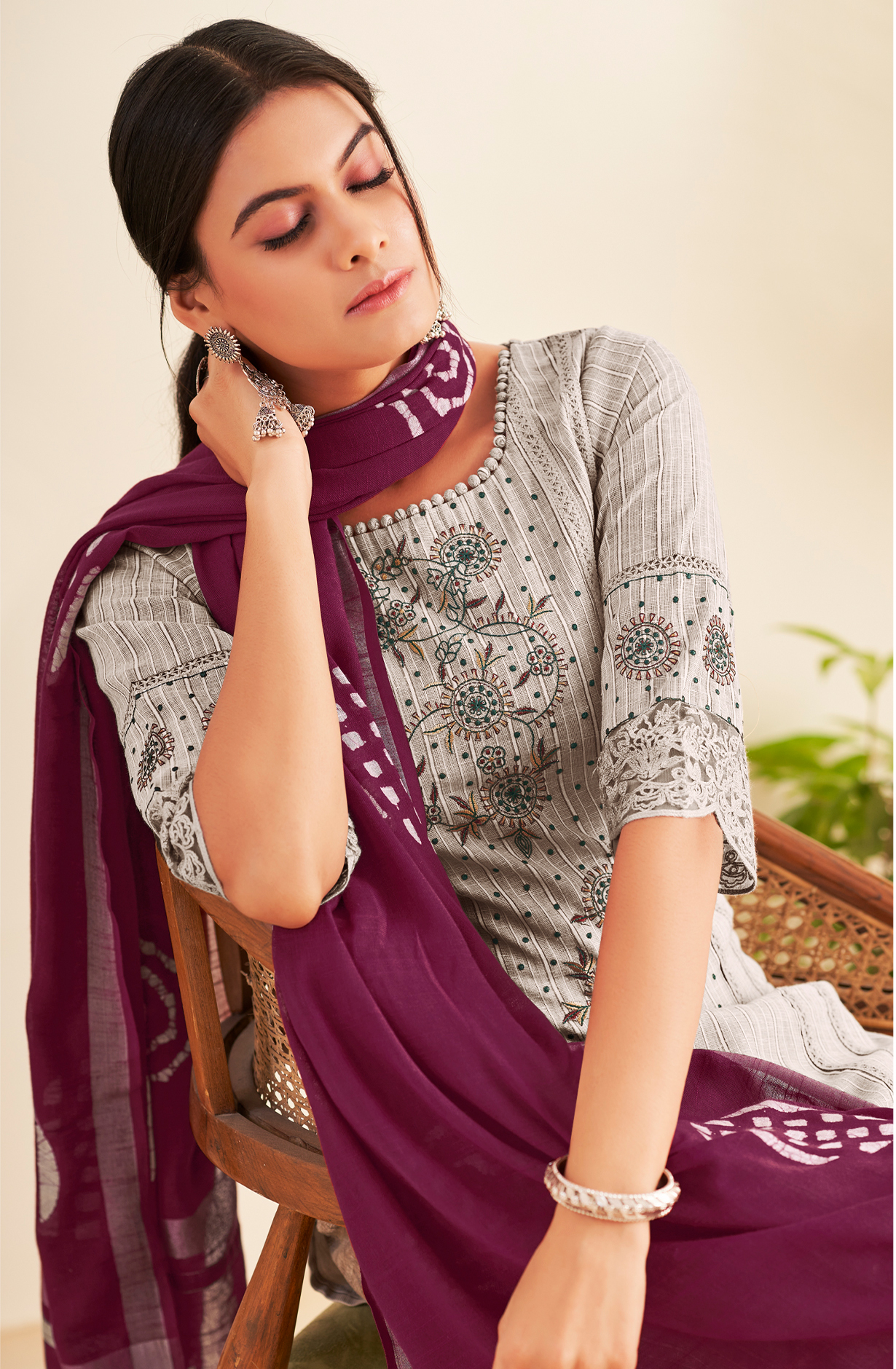 Beige Cotton Beautiful Embroidered Salwar Kameez with Lace Work - VAA8584