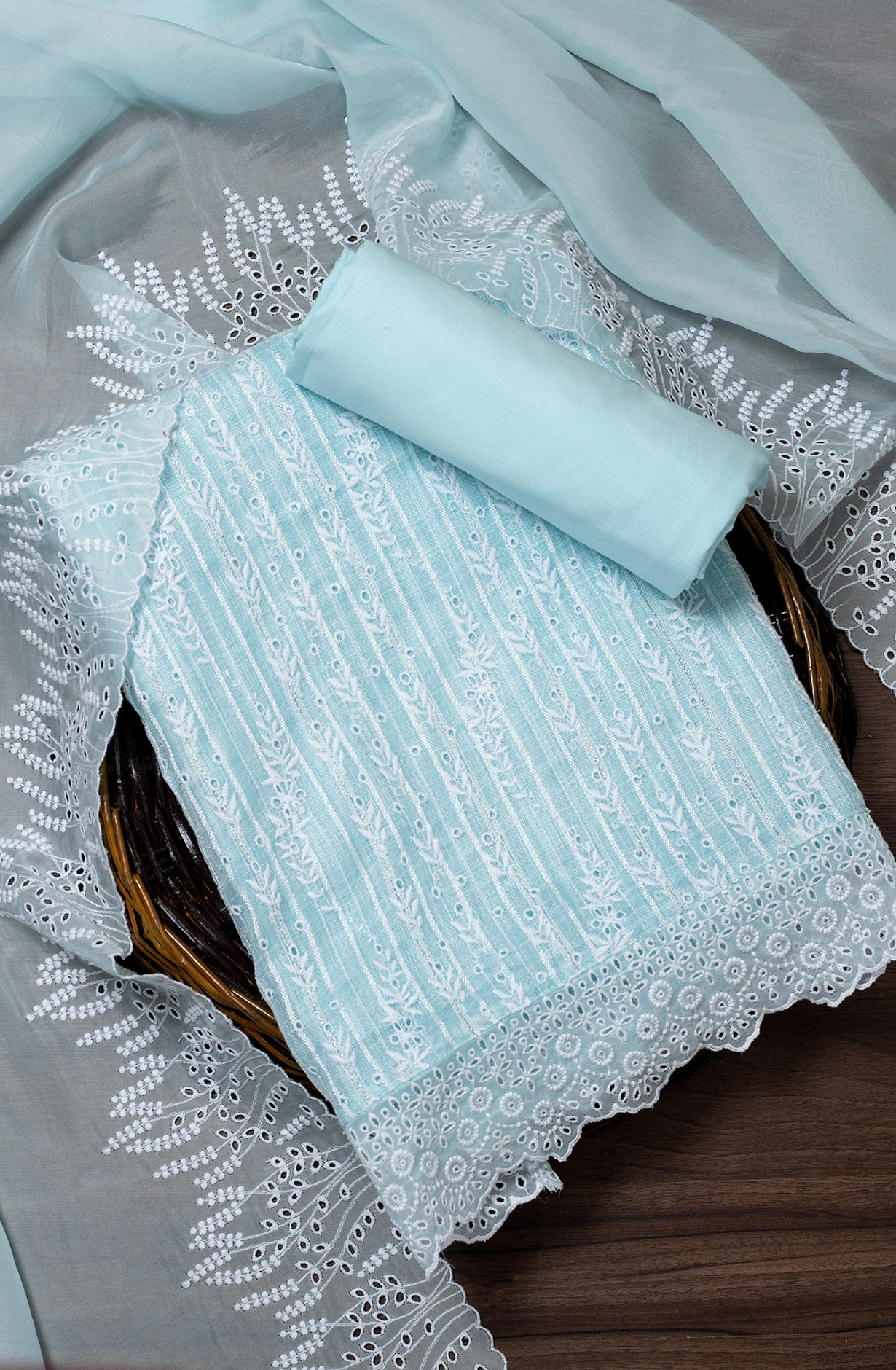 Sky Blue Linen Beautiful Embroidered Suit with Organza Dupatta - VAR1201A
