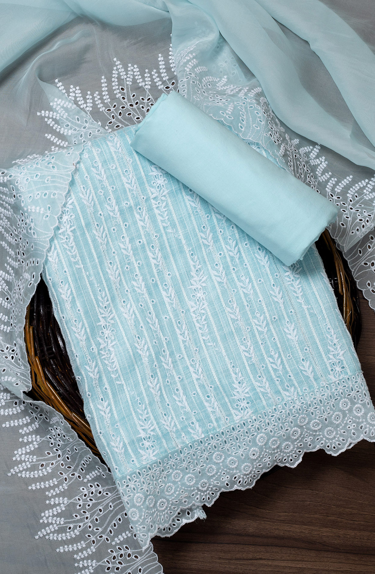 Sky Blue Linen Beautiful Embroidered Suit with Organza Dupatta - VAR1201A