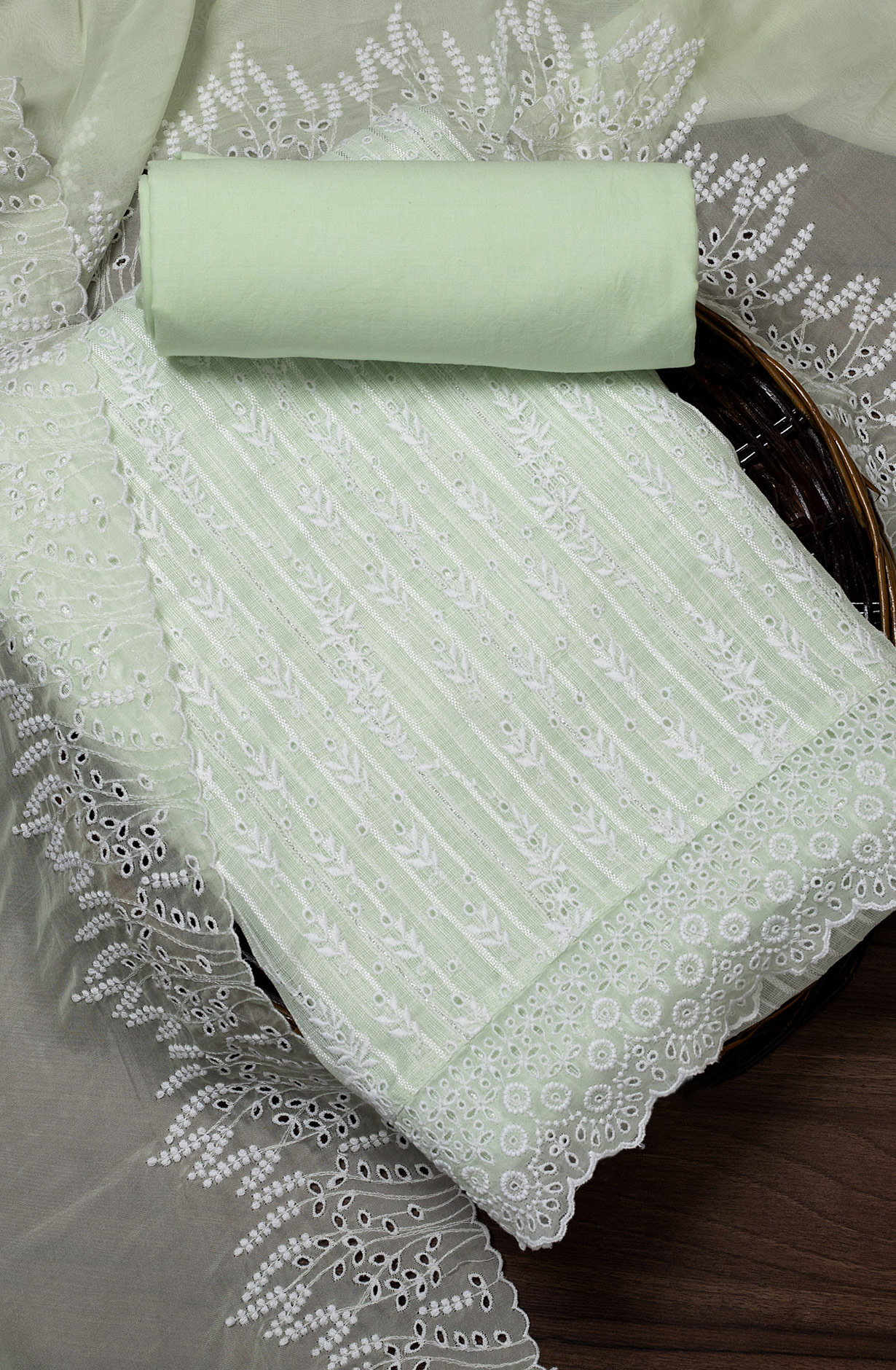 Pista Green Linen Beautiful Embroidered Suit with Organza Dupatta - VAR1201B