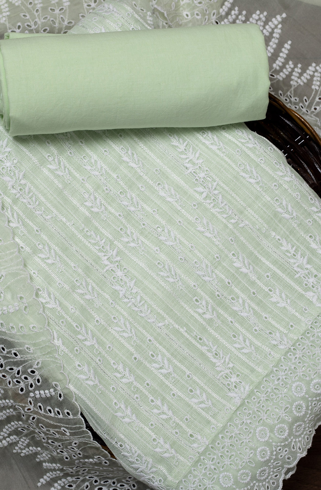 Pista Green Linen Beautiful Embroidered Suit with Organza Dupatta - VAR1201B