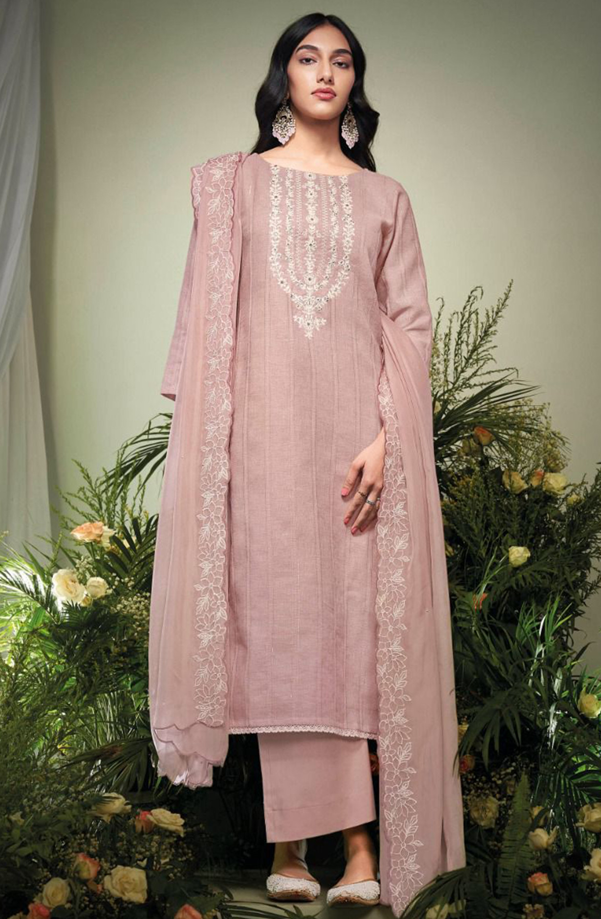 Mauve Linen Jaquard Suit Set with Dupatta - VARC2009