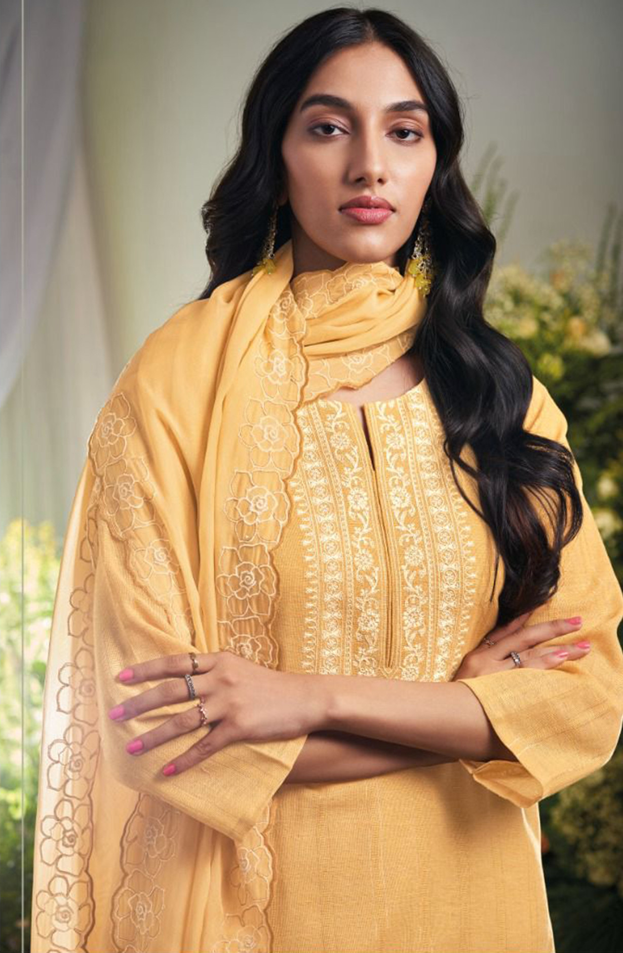 Yellow Linen Jaquard Suit Set with Dupatta - VARC2011