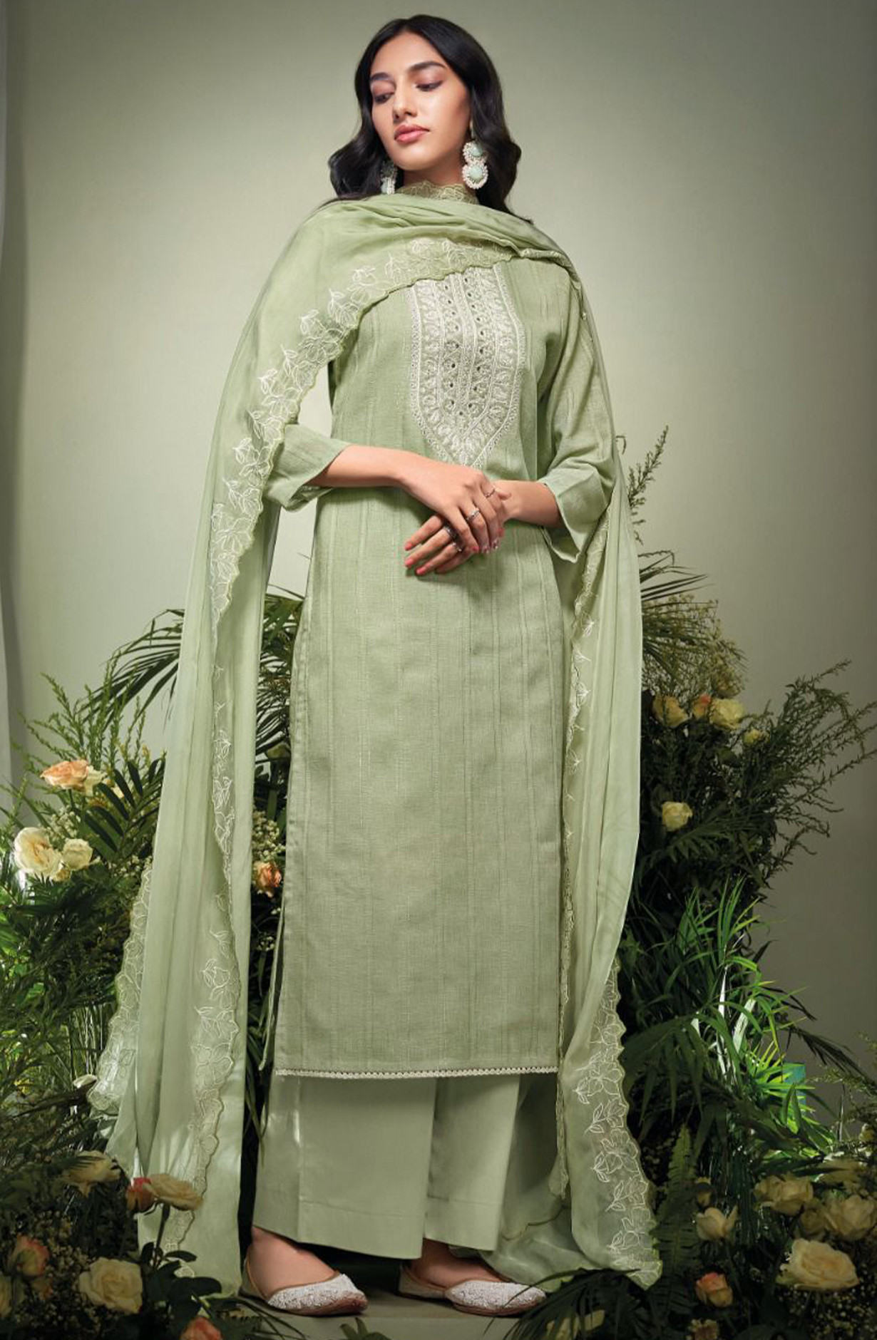 Sea Green Linen Jaquard Suit Set with Dupatta - VARC2012