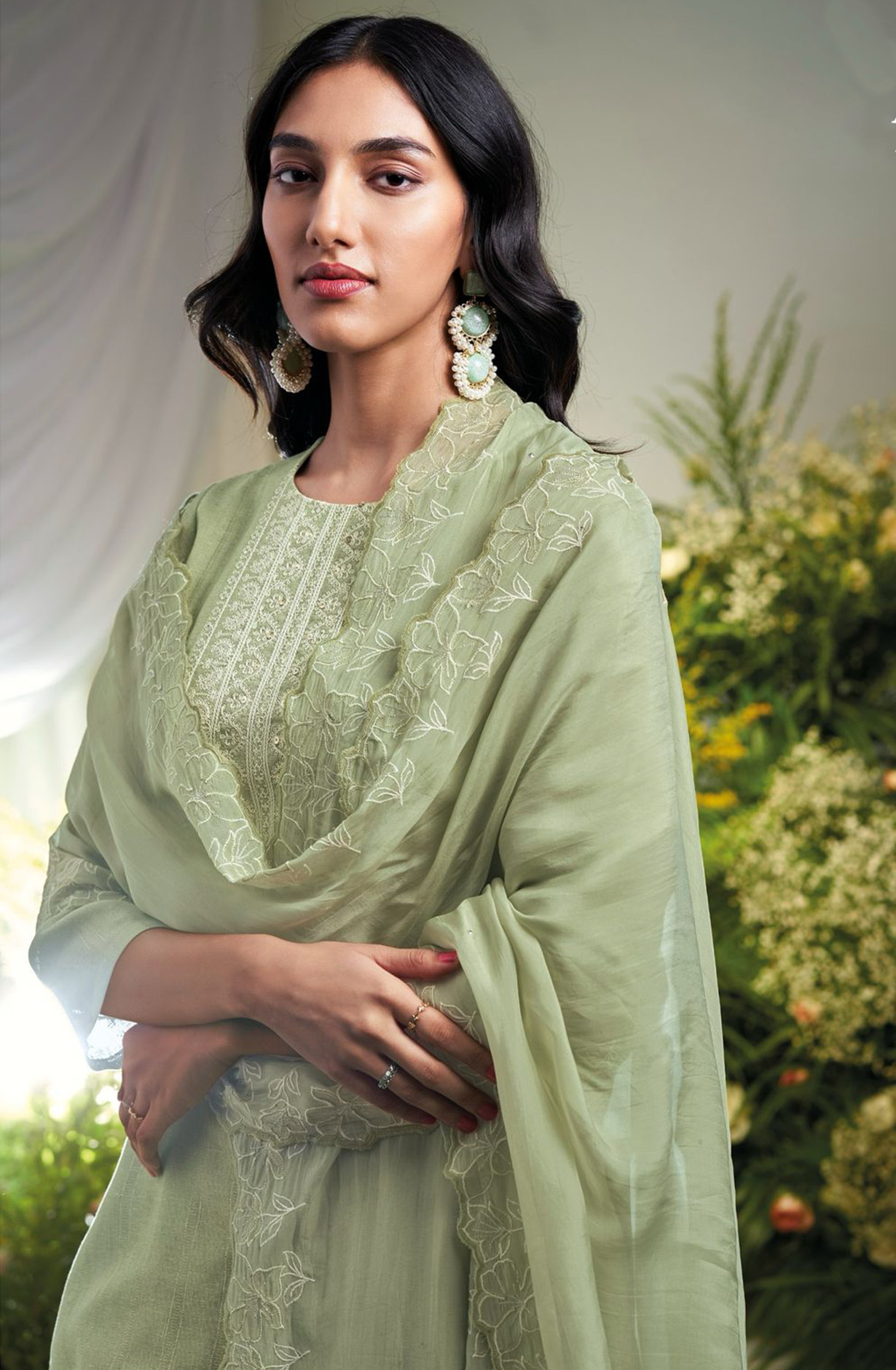Sea Green Linen Jaquard Suit Set with Dupatta - VARC2012