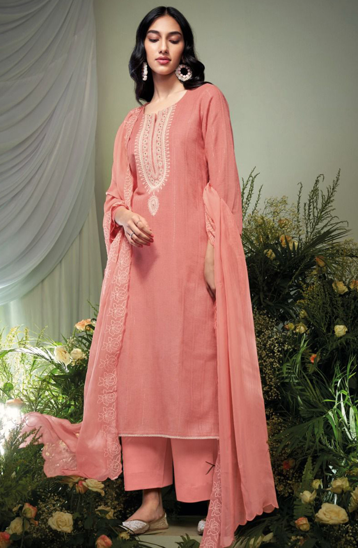 Pink Linen Jaquard Suit Set with Dupatta - VARC2013