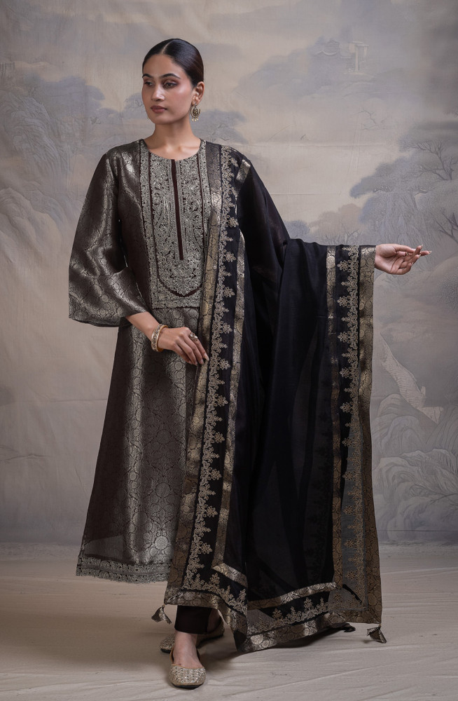 Image of Black Ziraf Silk Jacquard Unstitched Suit with Beautiful Silk Dupatta- R157-SPR2794A