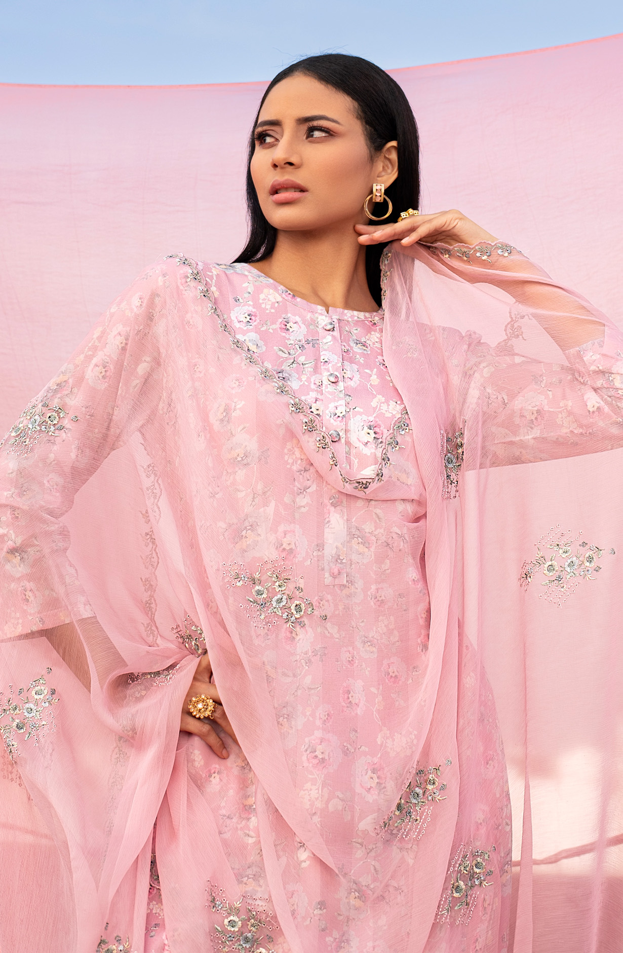 Pink Pure Cotton Beautiful Digital Print Suit-set with Chiffon Dupatta - VER1796B