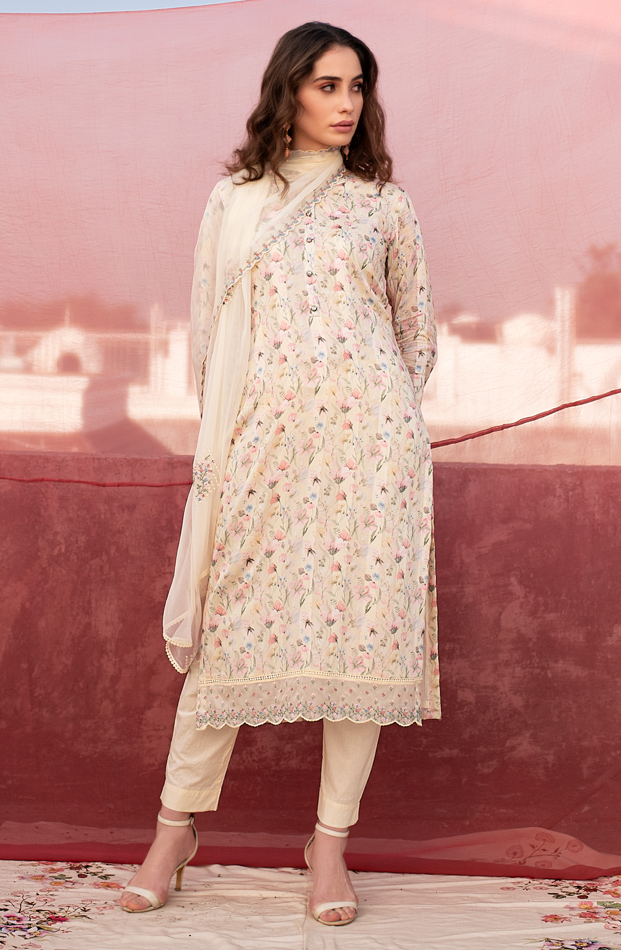 Multi-coloured Pure Cotton Beautiful Digital Print Suit-set with Chiffon Dupatta - VER1797A