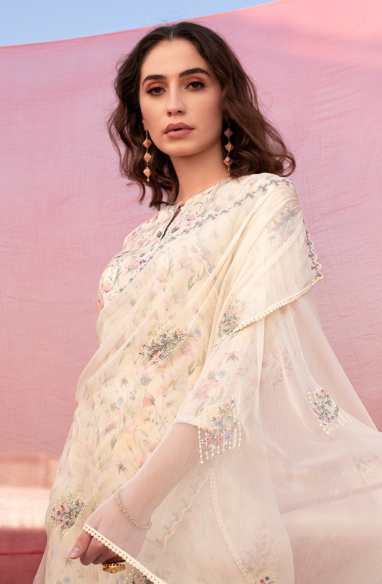 Multi-coloured Pure Cotton Beautiful Digital Print Suit-set with Chiffon Dupatta - VER1797A