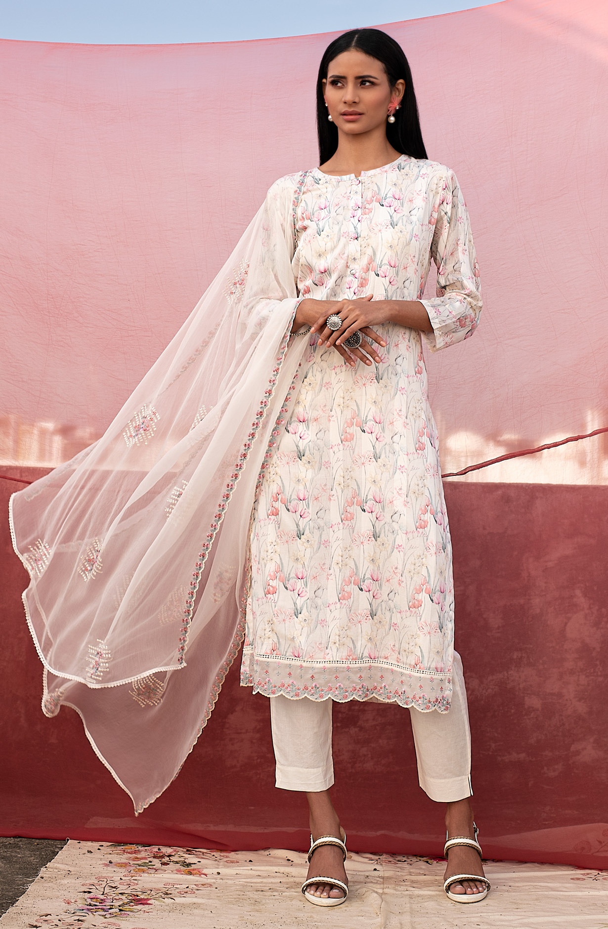 Cream Pure Cotton Beautiful Digital Print Suit-set with Chiffon Dupatta - VER1798A