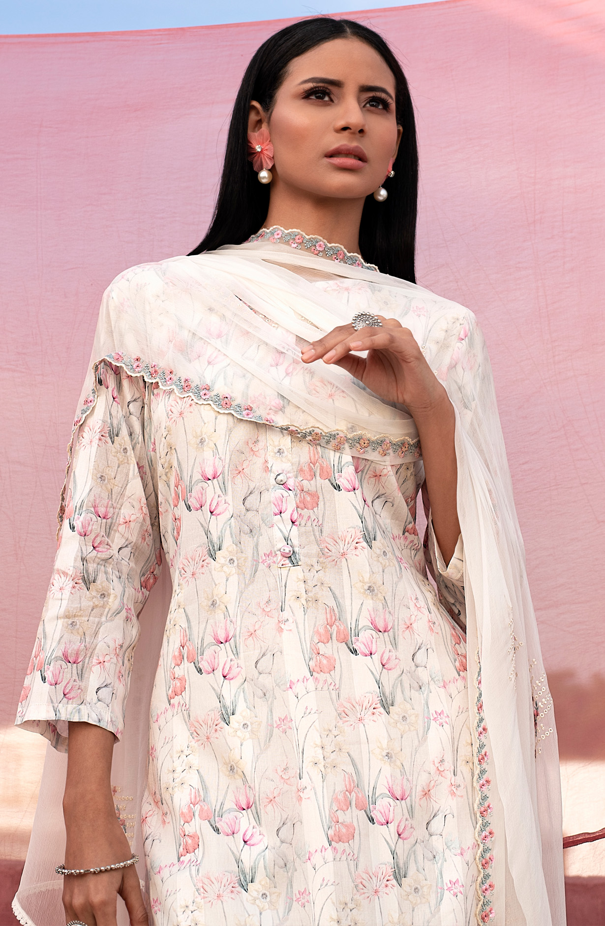 Cream Pure Cotton Beautiful Digital Print Suit-set with Chiffon Dupatta - VER1798A