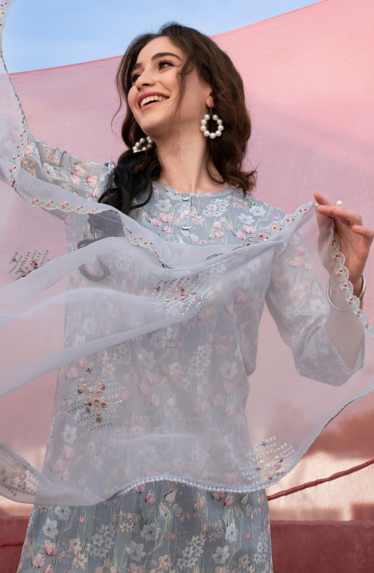 Grey Pure Cotton Beautiful Digital Print Suit-set with Chiffon Dupatta - VER1798B