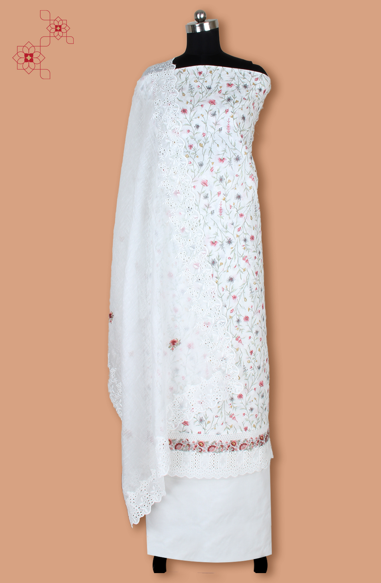 White Exclusive Pure Cotton Jacquard Printed with Embroidery Suit-set with Trendy Dupatta - VER2201A