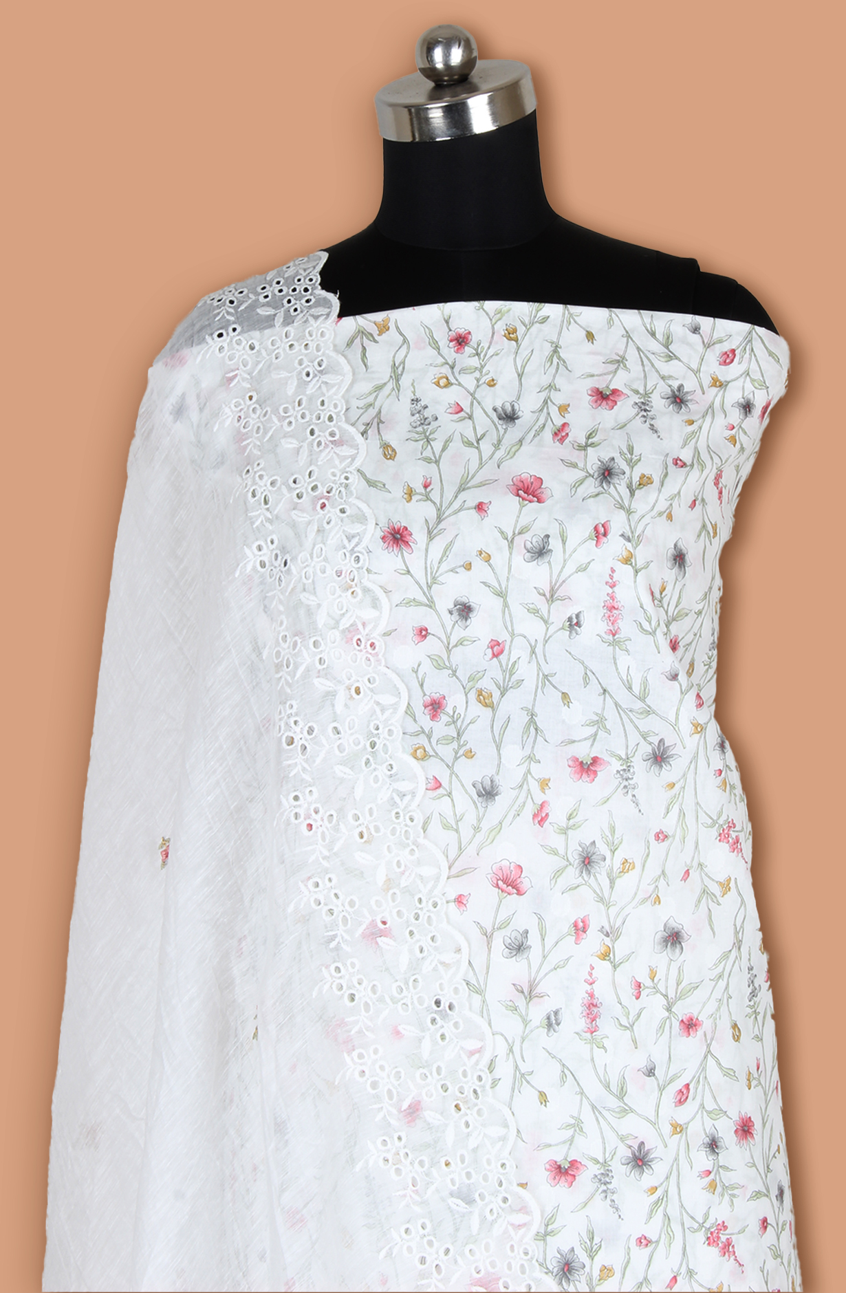 White Exclusive Pure Cotton Jacquard Printed with Embroidery Suit-set with Trendy Dupatta - VER2201A