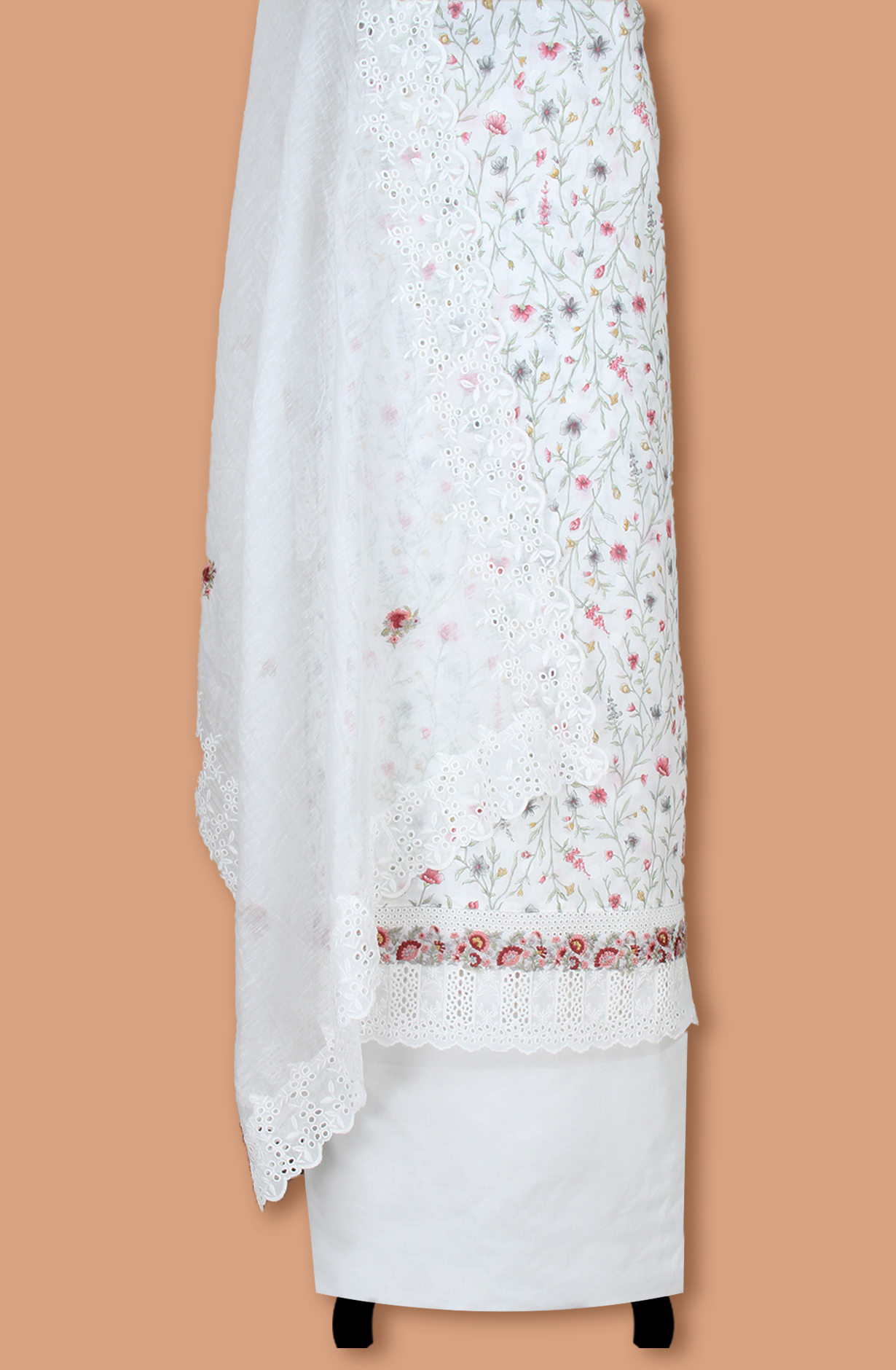 White Exclusive Pure Cotton Jacquard Printed with Embroidery Suit-set with Trendy Dupatta - VER2201A