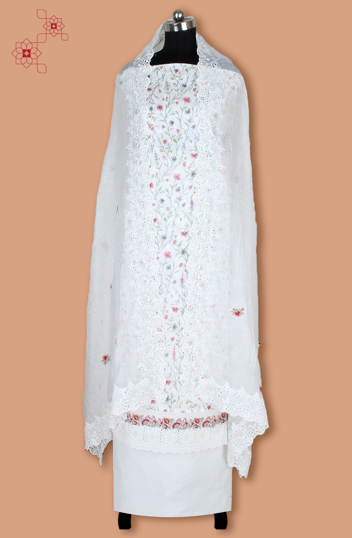 White Exclusive Pure Cotton Jacquard Printed with Embroidery Suit-set with Trendy Dupatta - VER2201A