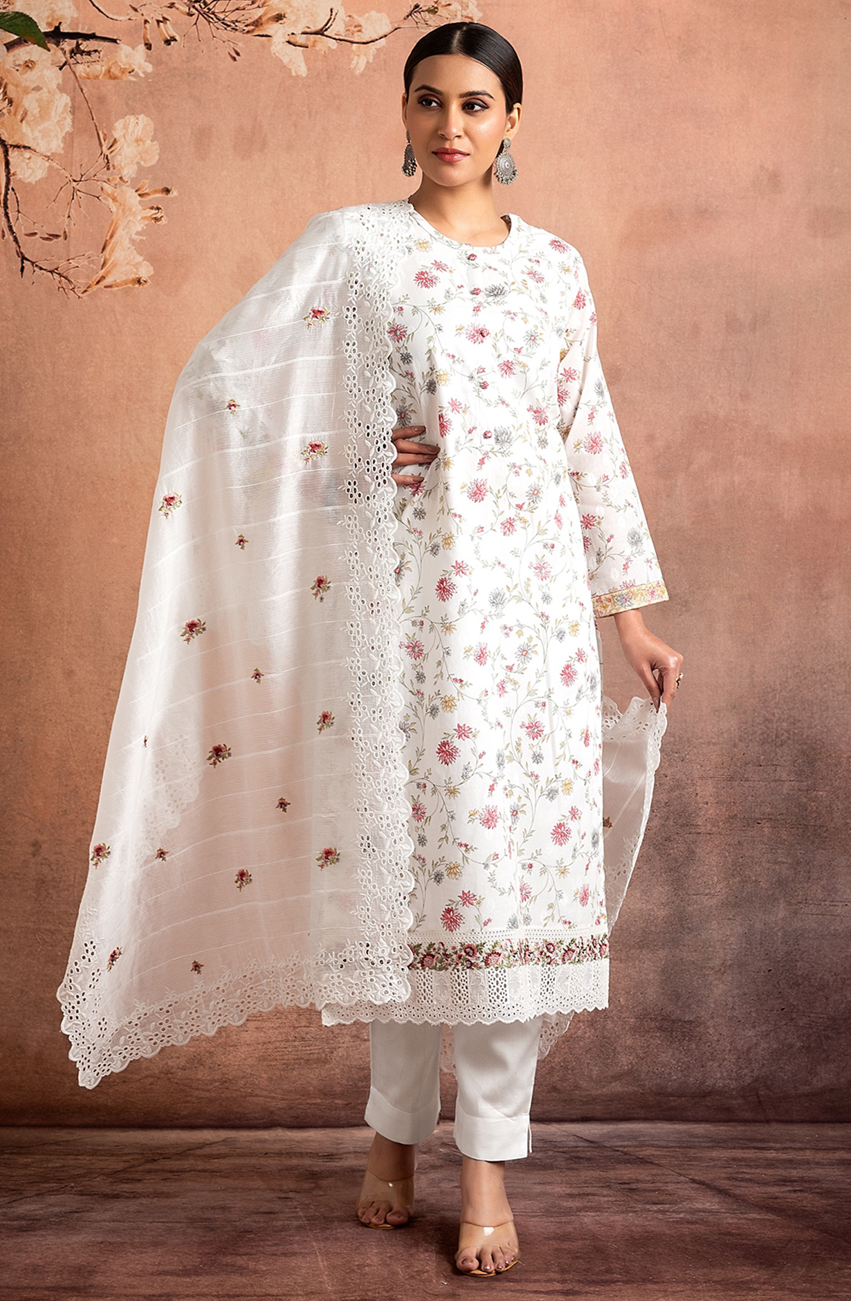 White Exclusive Pure Cotton Jacquard Printed with Embroidery Suit-set with Trendy Dupatta - VER2201B