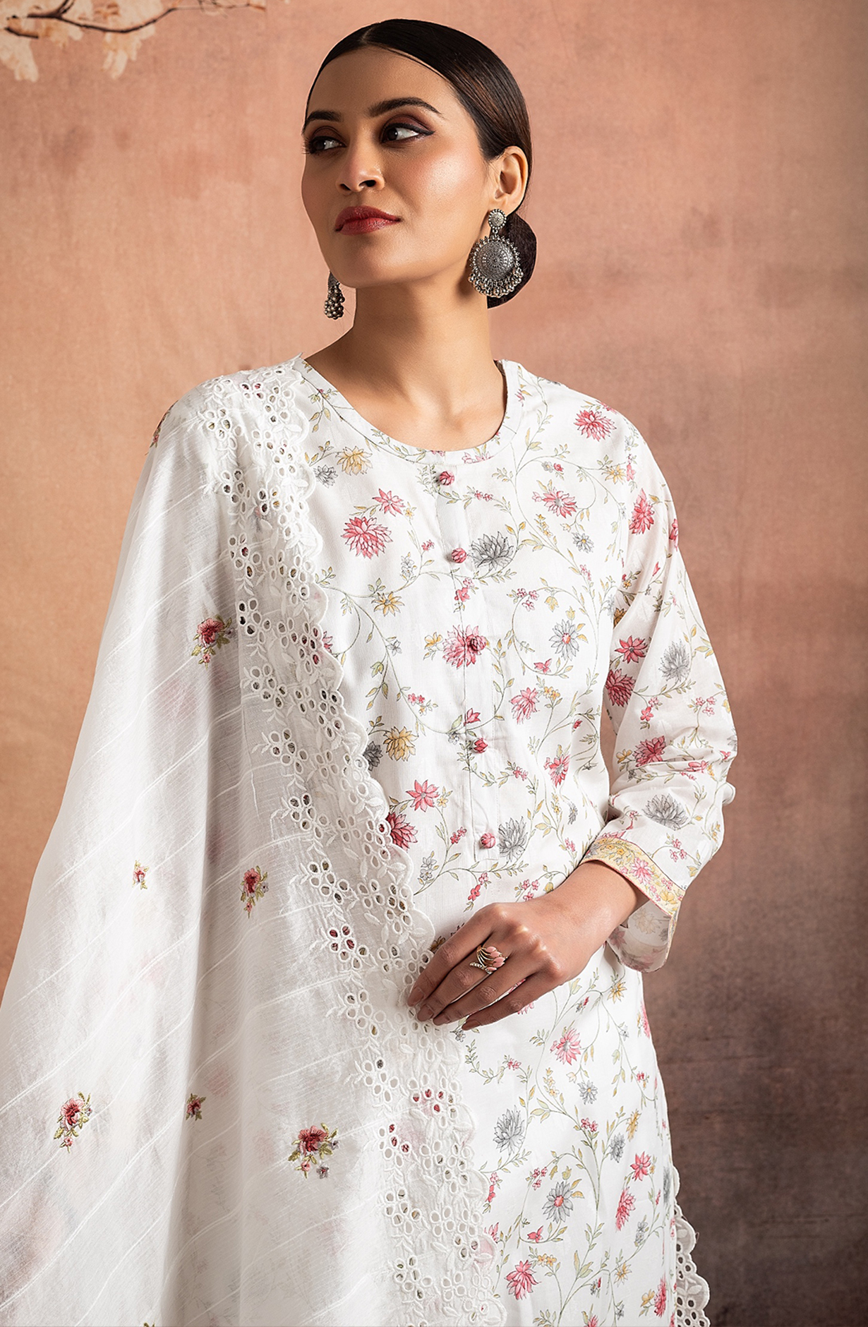 White Exclusive Pure Cotton Jacquard Printed with Embroidery Suit-set with Trendy Dupatta - VER2201B