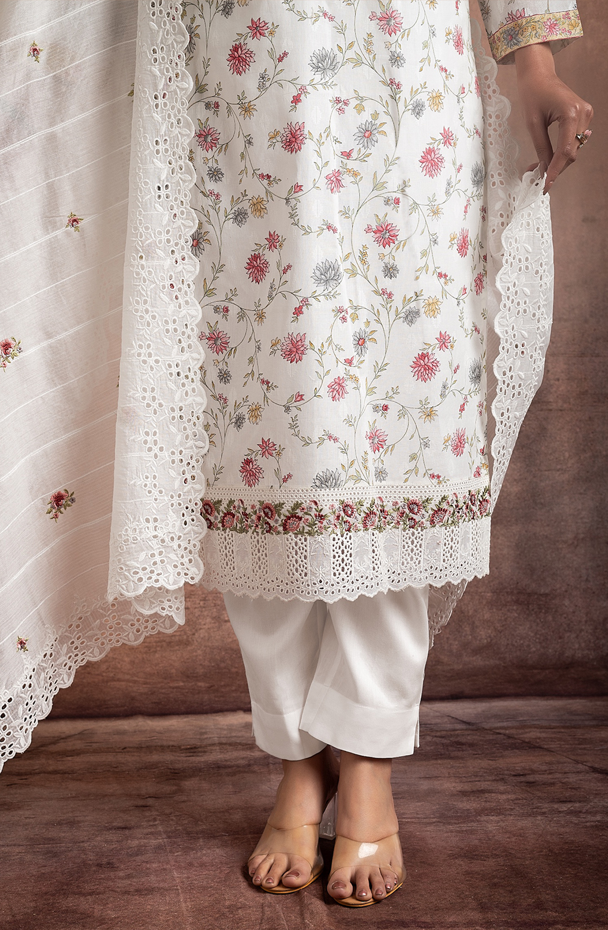 White Exclusive Pure Cotton Jacquard Printed with Embroidery Suit-set with Trendy Dupatta - VER2201B