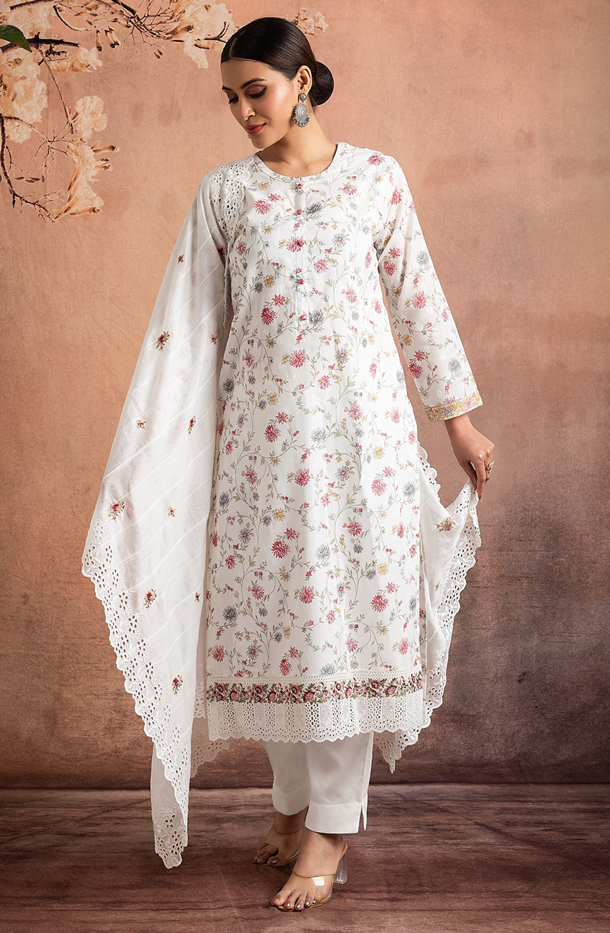 White Exclusive Pure Cotton Jacquard Printed with Embroidery Suit-set with Trendy Dupatta - VER2201B