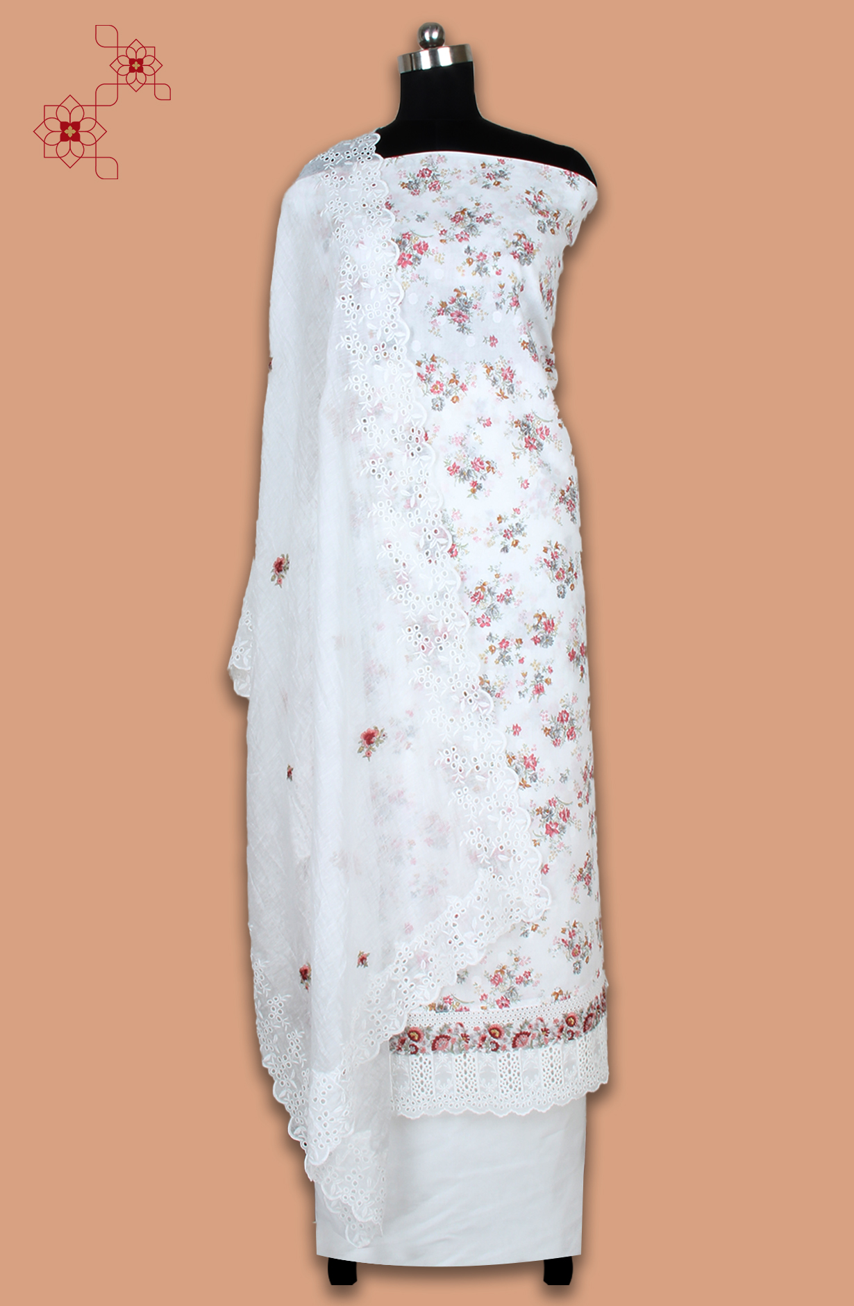 White Exclusive Pure Cotton Jacquard Printed with Embroidery Suit-set with Trendy Dupatta - VER2201C