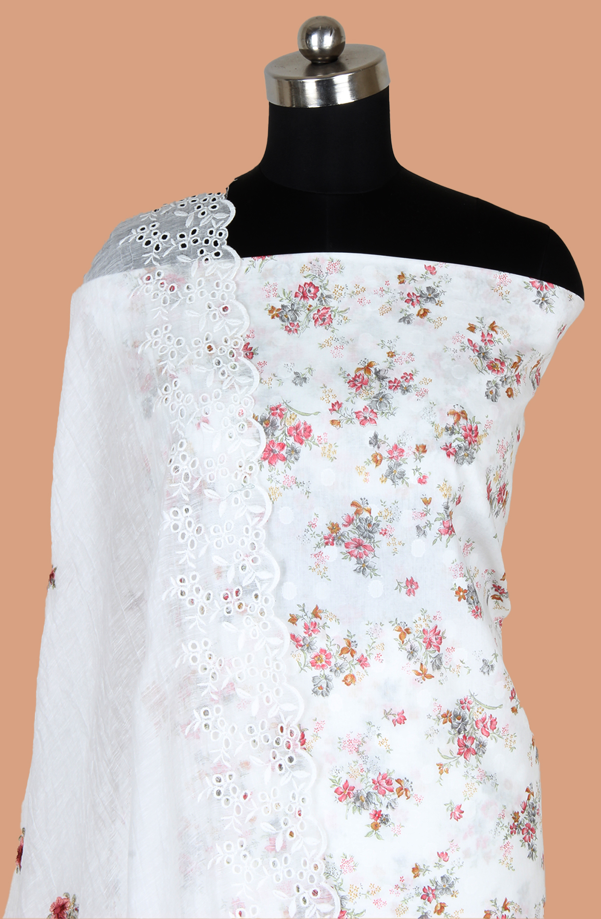 White Exclusive Pure Cotton Jacquard Printed with Embroidery Suit-set with Trendy Dupatta - VER2201C