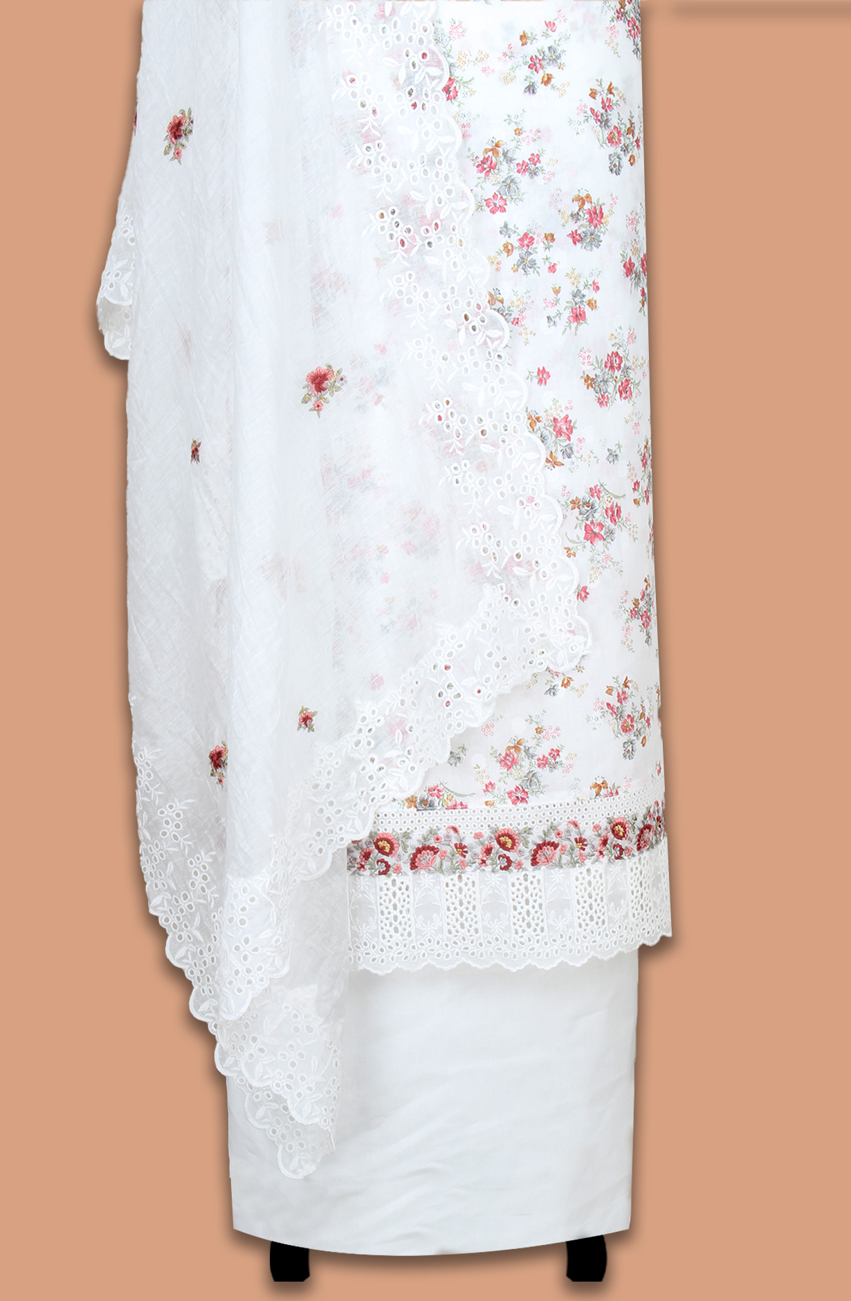 White Exclusive Pure Cotton Jacquard Printed with Embroidery Suit-set with Trendy Dupatta - VER2201C