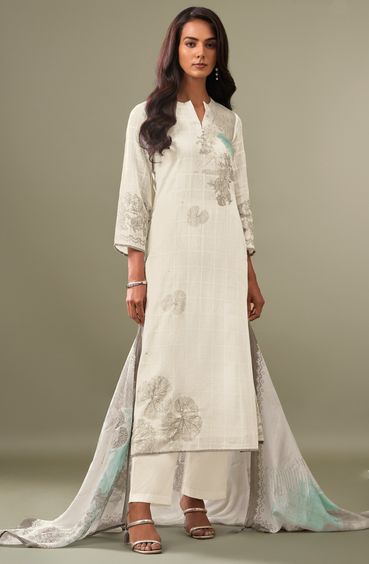 White Cotton Linen Beautiful Suit Set with Dupatta- VIB7601B