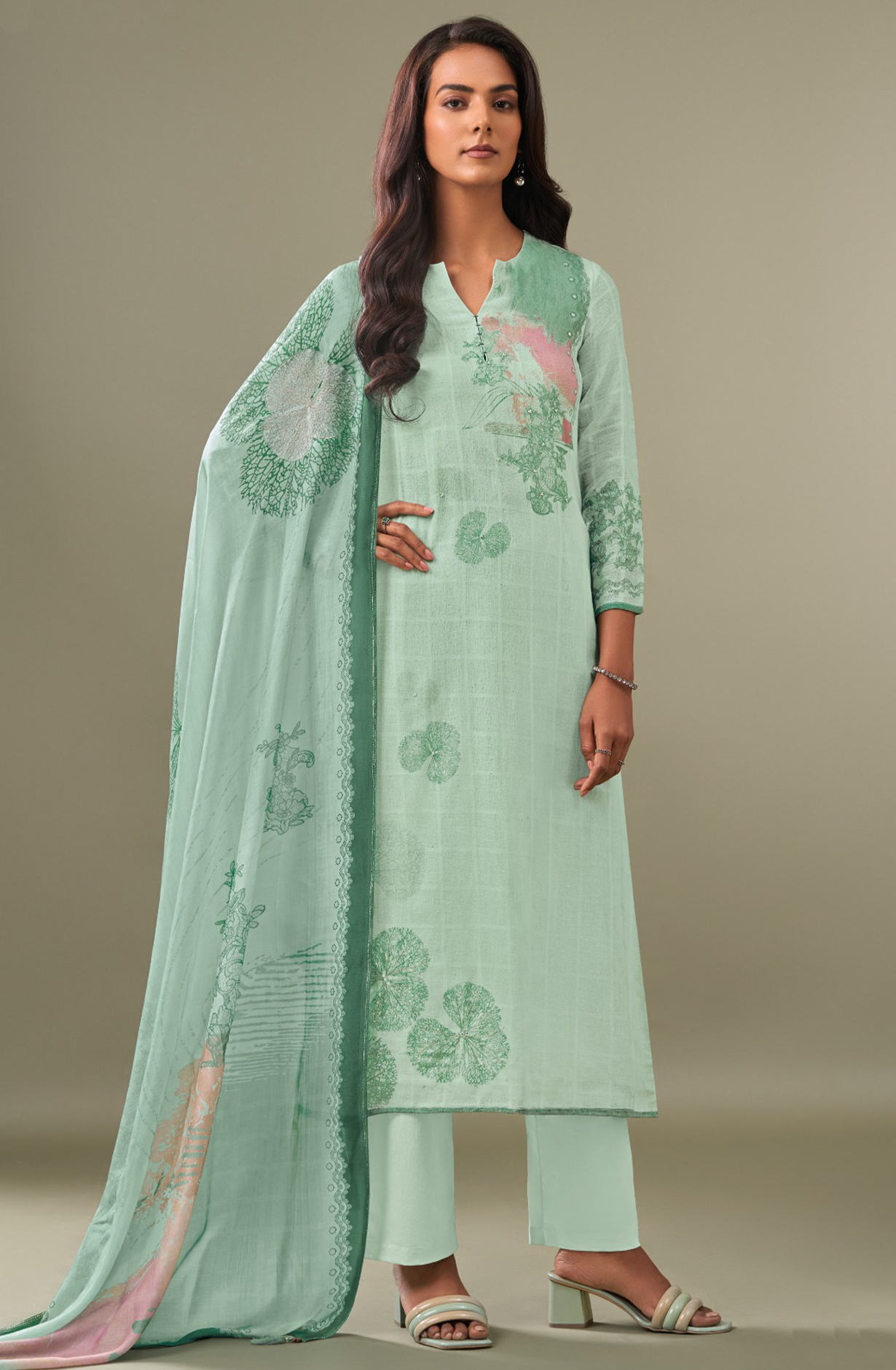 Sea Green Cotton Linen Beautiful Suit Set with Dupatta- VIB7601C