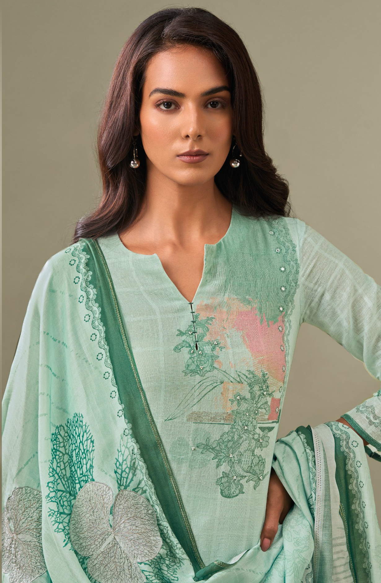 Sea Green Cotton Linen Beautiful Suit Set with Dupatta- VIB7601C