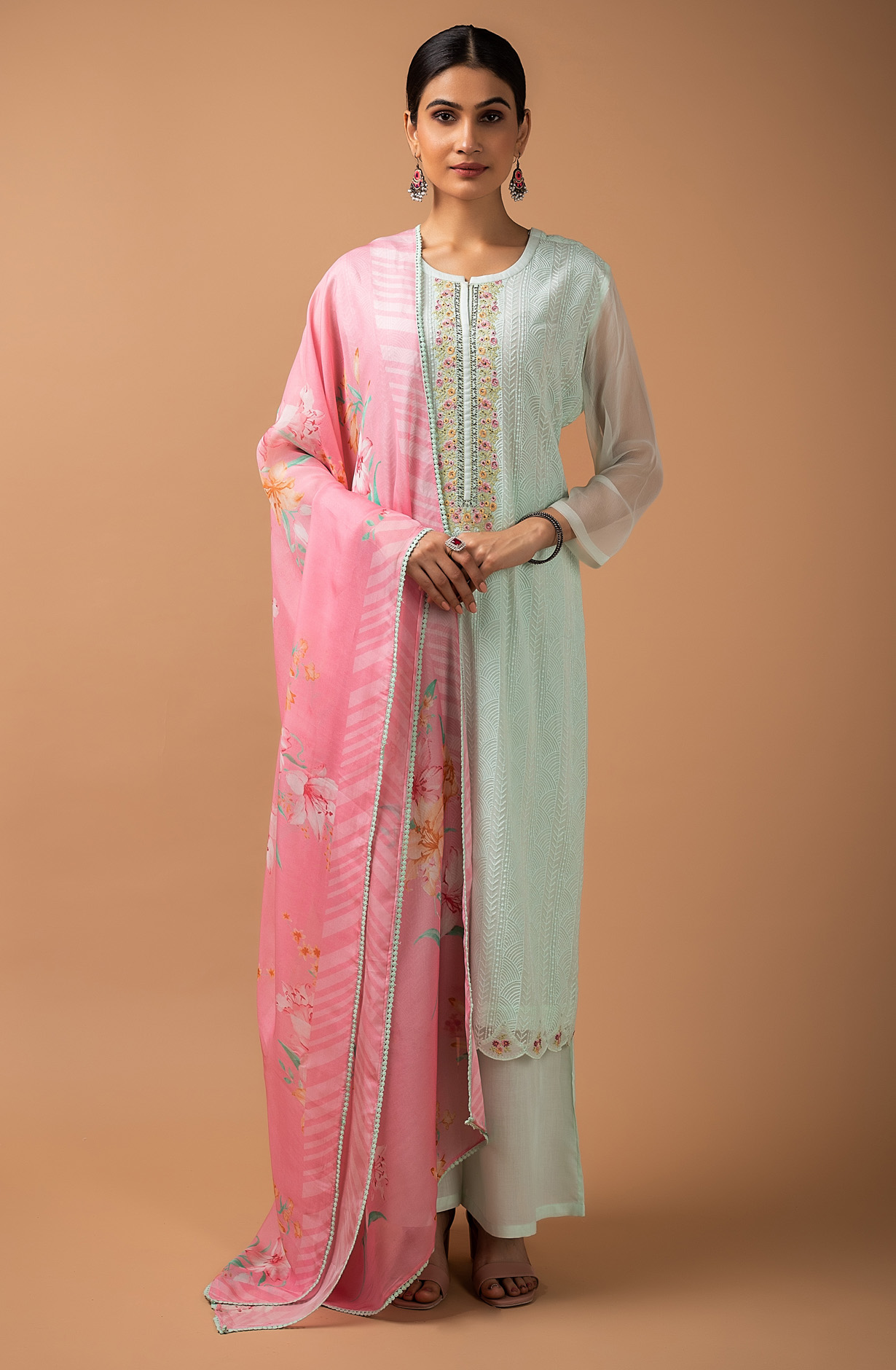 Sea Green Chiffon Exclusive Embroidery Suit-set with Organza Dupatta - VIV1867A